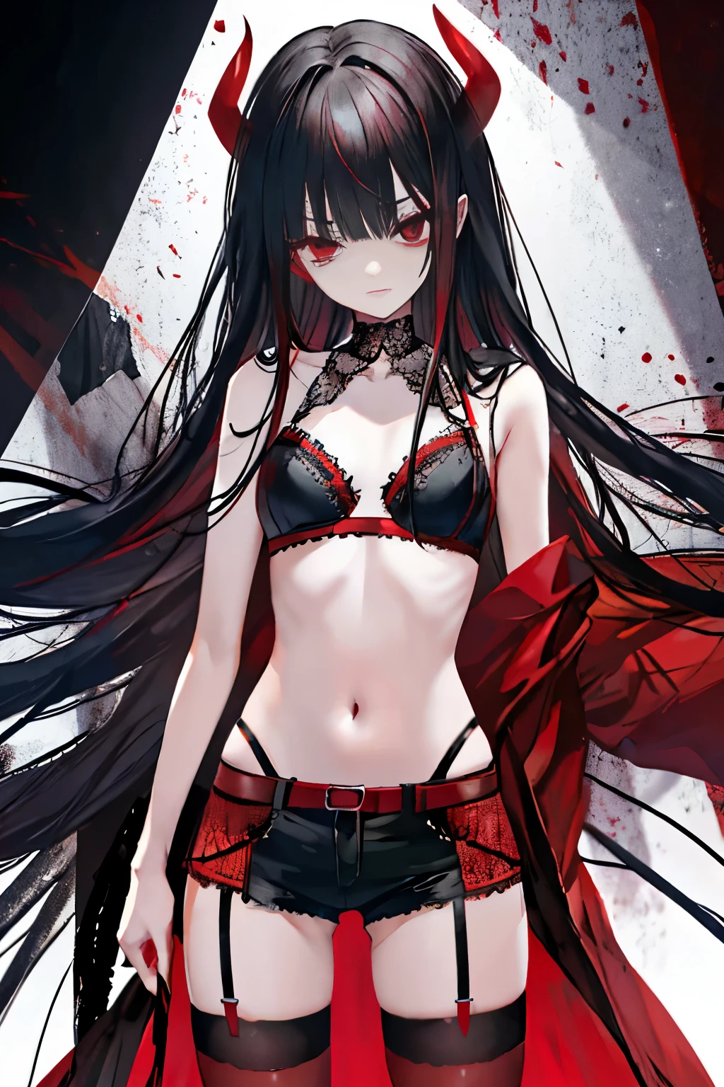 Devil Black hair Red eyes Long hair Red mesh Blindfold Clothes based on black and red Navel exposed Garter belt Shorts Knife Long bangs Hidden left eye Hidden one eye Long hair down to the waist Slender Girl Black bra Small breasts
