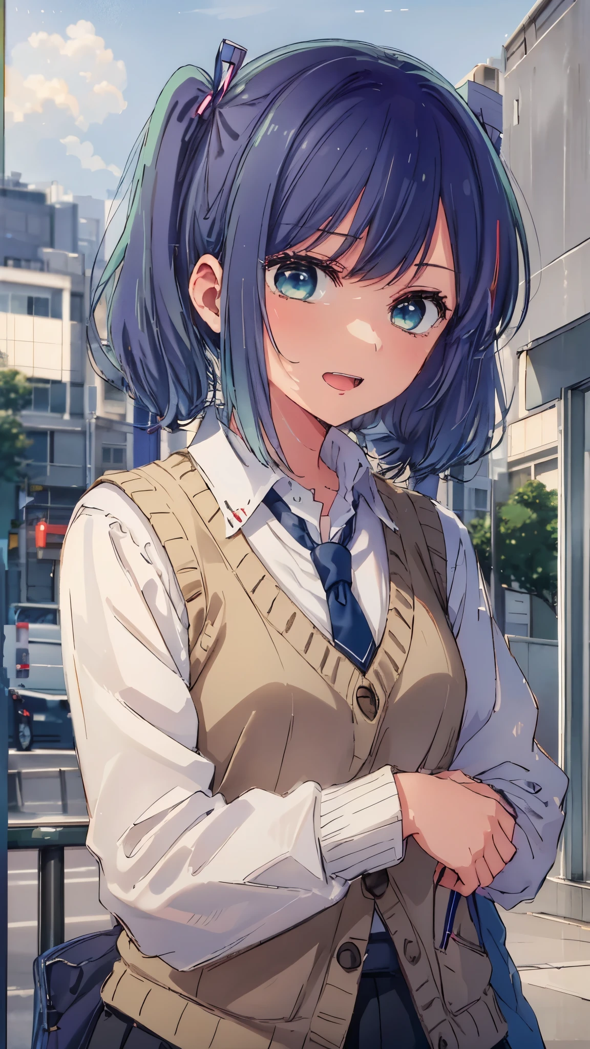 beautiful lighting, 1 girl, alone, Akane, white shirt, sweater vest, black vest, blue tie, ((anime style))、((2D))、laughter、open your mouth、(((side twin tails)))