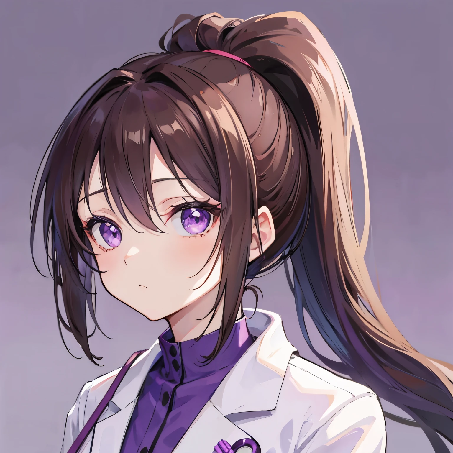 anime girl, brown hair, ponytail, purple eyes, wearing doctor suit, kawaii