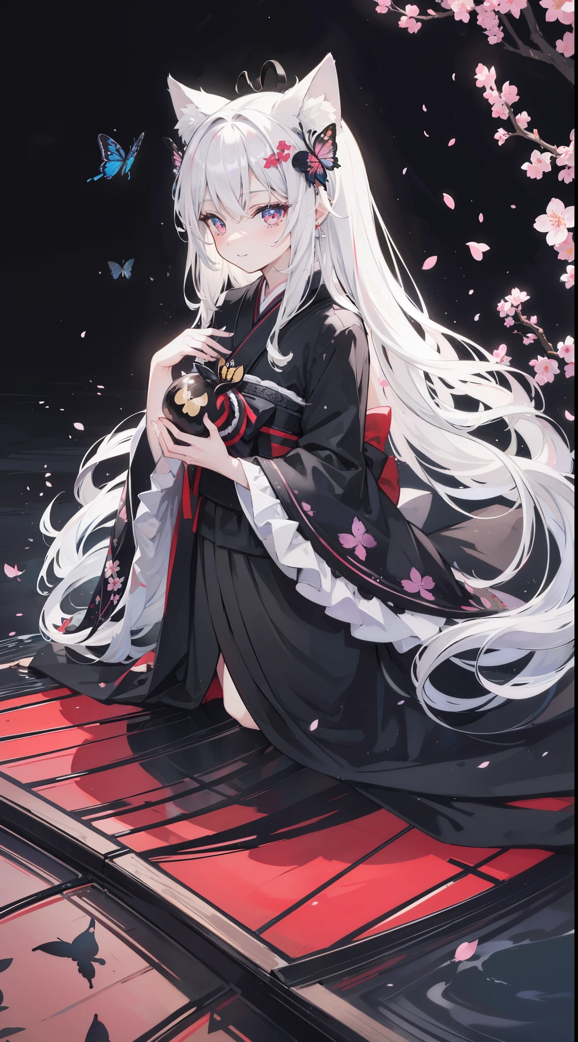 32k, perfect body, cute , cute smile, cute dress, long hair, white hair, black dress, ((black butterfly)), ((black butterfly hair ornament)), ((black butterfly shaped brooch)), ((black butterfly dress)), ((black ligth particle)), (((beautiful quality))), ((black kimono)), ((black Japanese clothing)), ((nekomimi)), (((Cherry blossom background))), ((the floor is on the water surface)),