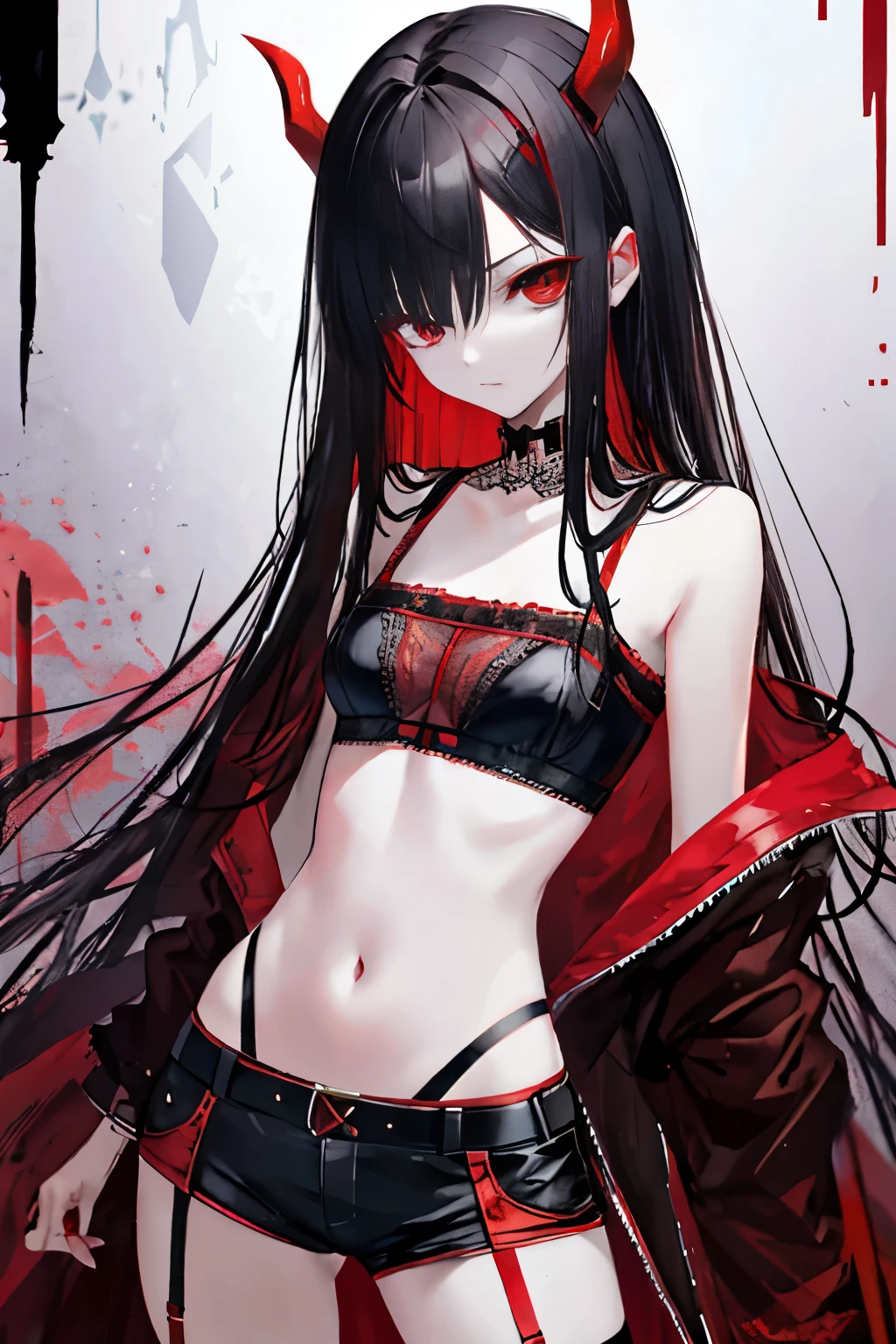 Demon Black hair Red eyes Long hair Red mesh Blindfold Clothes based on black and red Belly button exposed Garter belt Shorts Knife Long bangs Covering left eye Covering one eye Long hair down to the waist Slender Girl Black bra Small breasts Countless black wings Return blood Red glowing magic circle Evil Eye Black military cap black jacket with red inside
