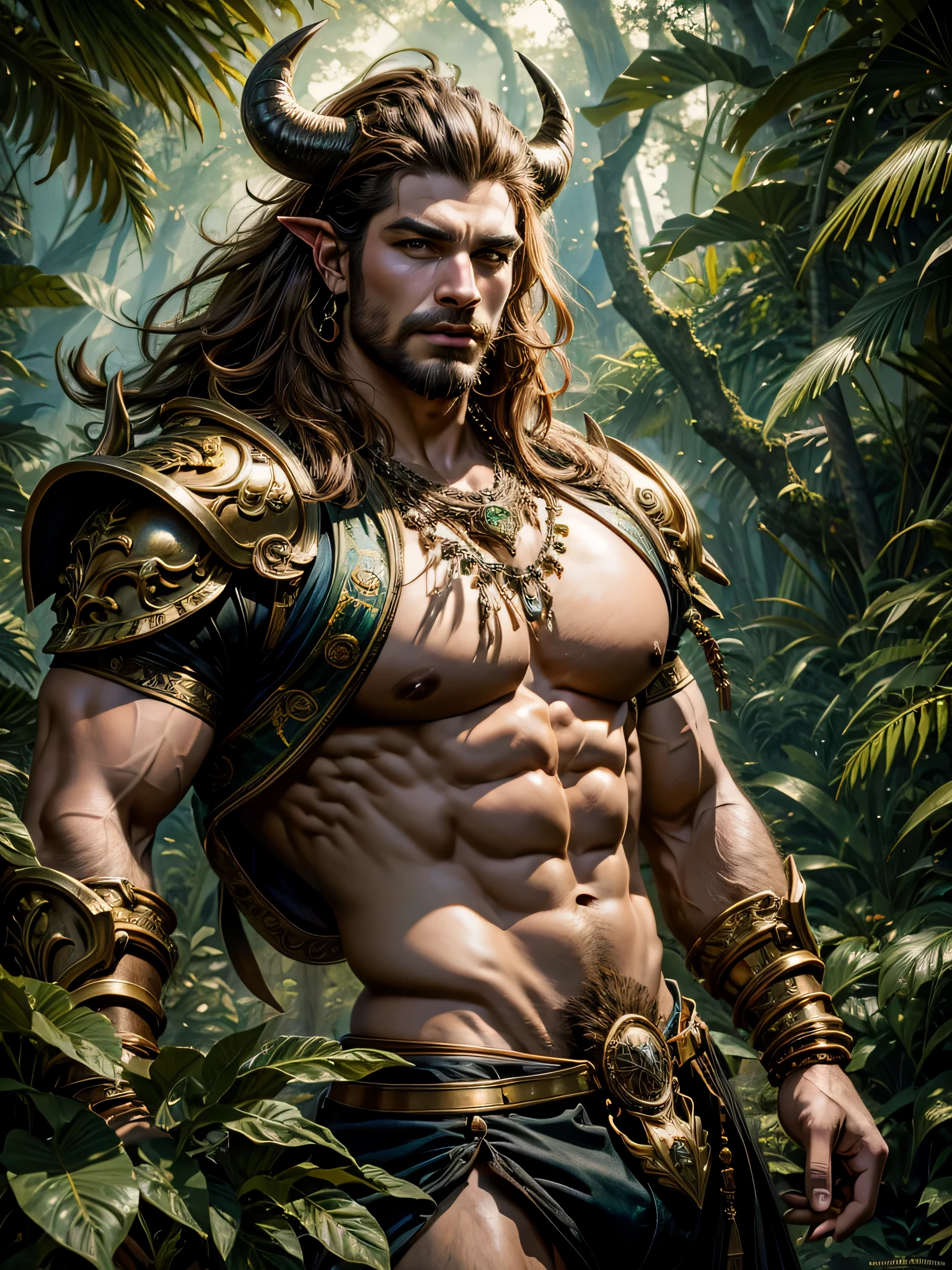 (photorealistic, masterpiece, detailed face, best quality, highres, 4k), Fantasy art style, Taurus the steadfast bull portrayed by a muscular male model exuding strength and sensuality with bull horns on his head. He is seen amidst a lush enchanted forest, his body adorned with  and  armor with earthy and metallic accents representing his grounded and reliable personality.