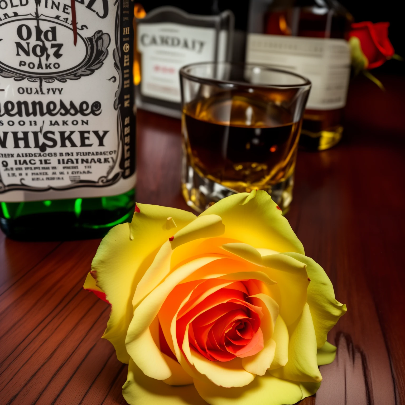 there is a rose sitting on a table next to a bottle of whiskey, shot with a canon 20mm lens, saturday night in a saloon, inspired by William Harnett, red neon roses, taken with canon 5d mk4, blue rose, taken with sony alpha 9, taken with canon eos 5 d mark iv, low quality grainy, whiskey, old fashion