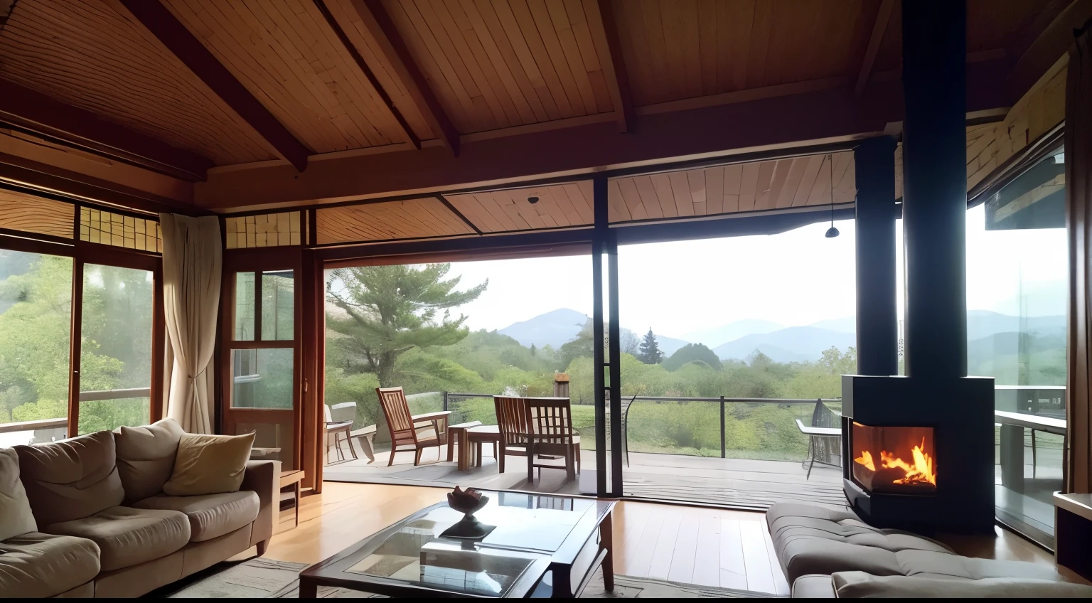 moderate light,The oversized panoramic floor-to-ceiling glass windows allow you to clearly see the scenery outside the window. The large living room is equipped with fabric sofas without too many decorations. The firewood in the fireplace is burning. It is warm and romantic, with a wabi-sabi decoration style.