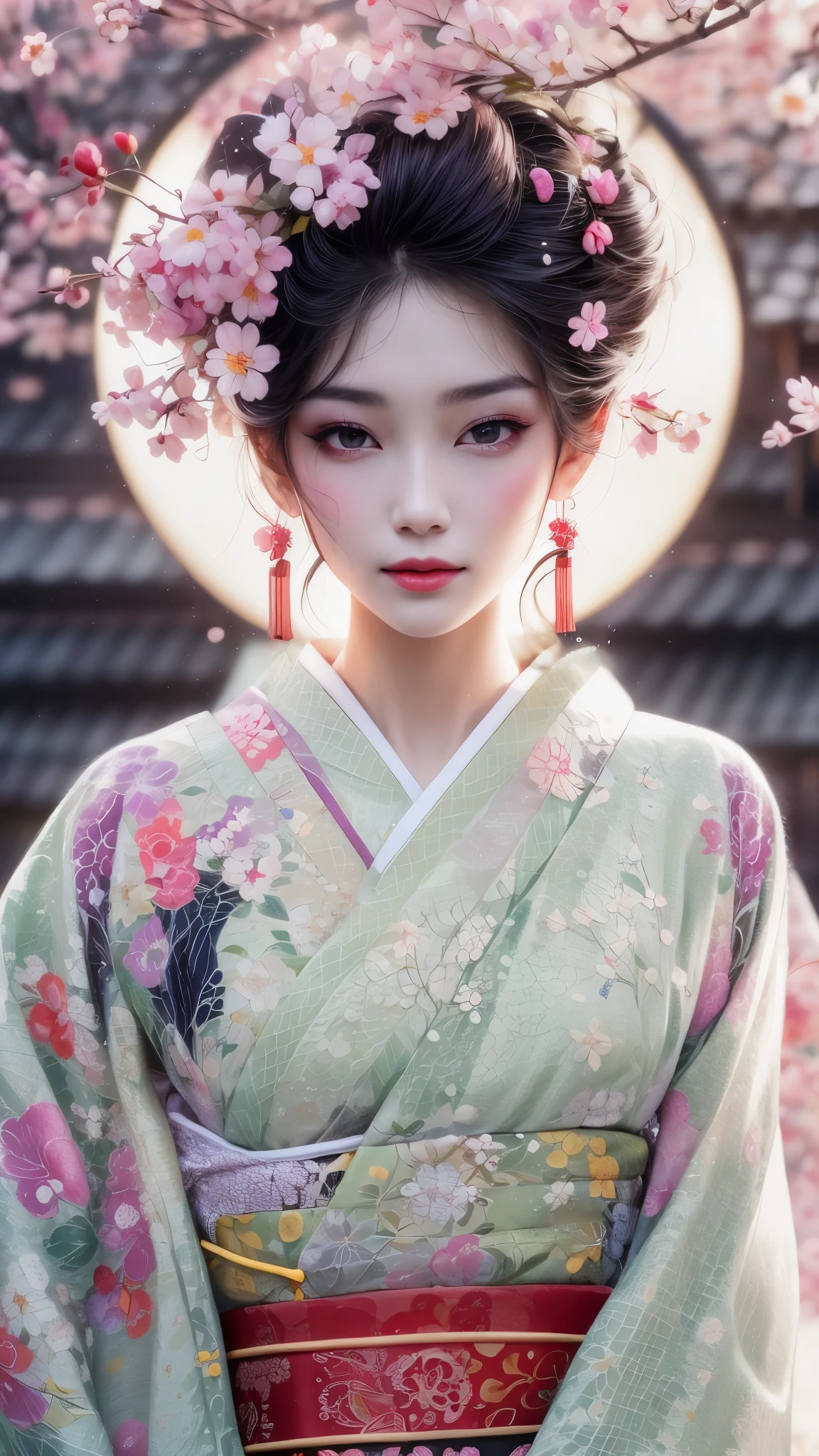 (A geisha girl gracefully stands under cherry blossoms, looking back and smiling: 1.37), many red cherry blossom petals fall one after another, (whole body) The white base makeup on the girl's face has no highlights or shadow decorations. The entire white foundation covers the face and neck. Red lip makeup is a small mouth area smaller than normal lips. The thick and thin eyeliner pencil can highlight the contour of the eyes, strengthen the eyes, and make the pupils appear dark and deep. A straight eyebrow is both eye-catching and not stiff, making the entire face cleaner. Typical Japanese geisha makeup, Wearing a magnificent kimono embroidered with black and gold cherry blossoms, this is a long sleeved kimono, wearing Japanese style clogs, Background: Deep streets and alleys under moonlight, white and black, Surrealism, realistic depiction of light and shadow, realistic and exaggerated photos, ultra-high quality, super details, cinematic shots, shallow depth of field,