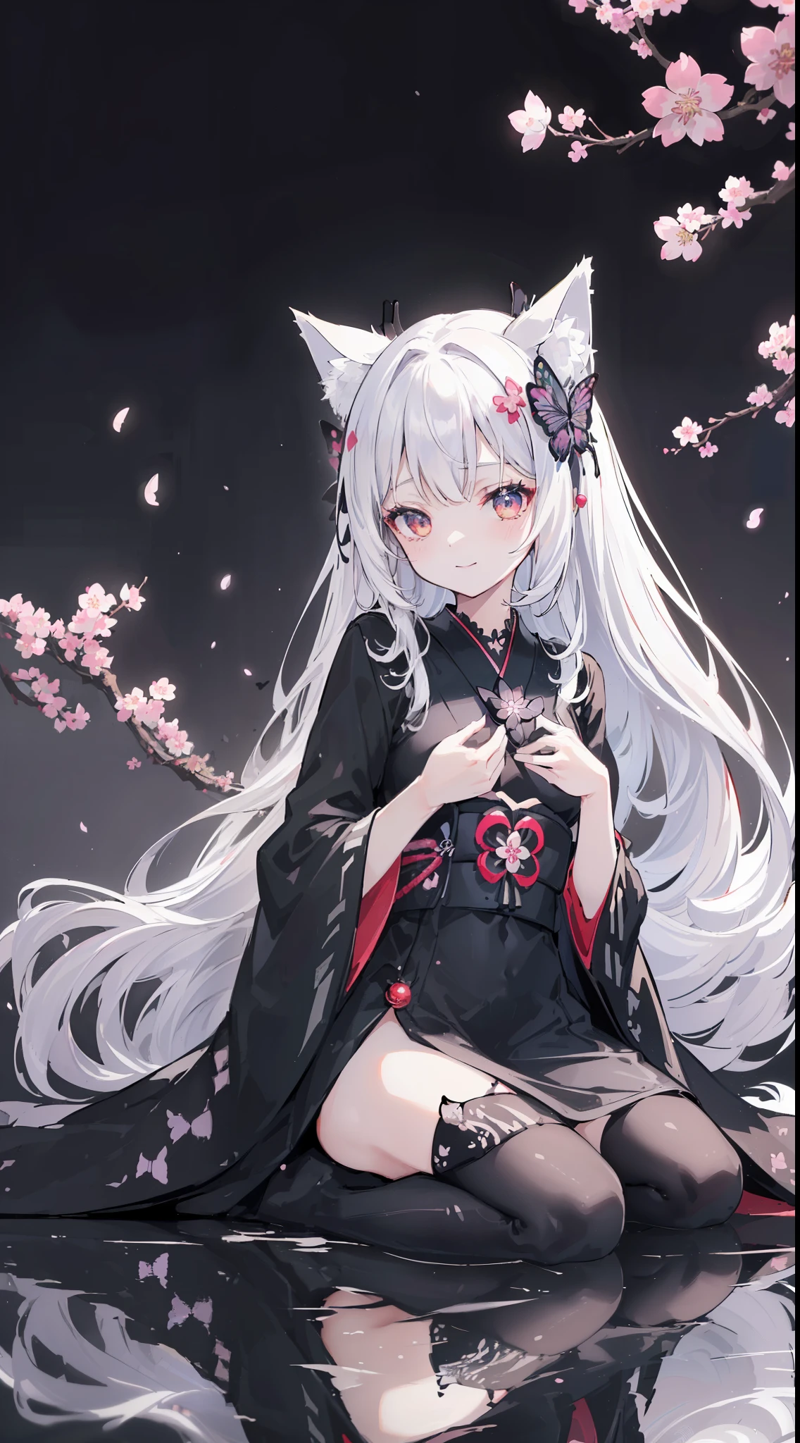 32k, perfect body, cute , cute smile, cute dress, long hair, white hair, black dress, ((black butterfly)), ((black butterfly hair ornament)), ((black butterfly shaped brooch)), ((black butterfly dress)), ((black ligth particle)), (((beautiful quality))), ((black kimono)), ((black Japanese clothing)), ((nekomimi)), (((Cherry blossom background))), ((the floor is on the water surface)),