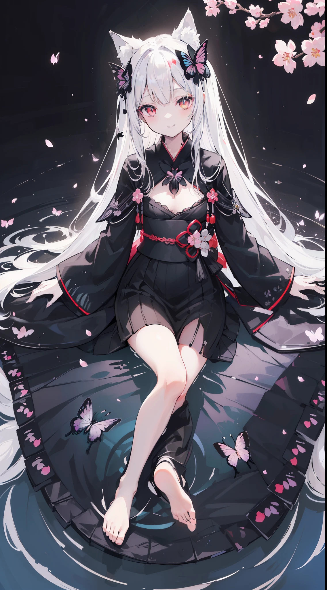 32k, perfect body, cute , cute smile, cute dress, long hair, white hair, black dress, ((black butterfly)), ((black butterfly hair ornament)), ((black butterfly shaped brooch)), ((black butterfly dress)), ((black ligth particle)), (((beautiful quality))), ((black kimono)), ((black Japanese clothing)), ((nekomimi)), (((Cherry blossom background))), ((the floor is on the water surface)), 