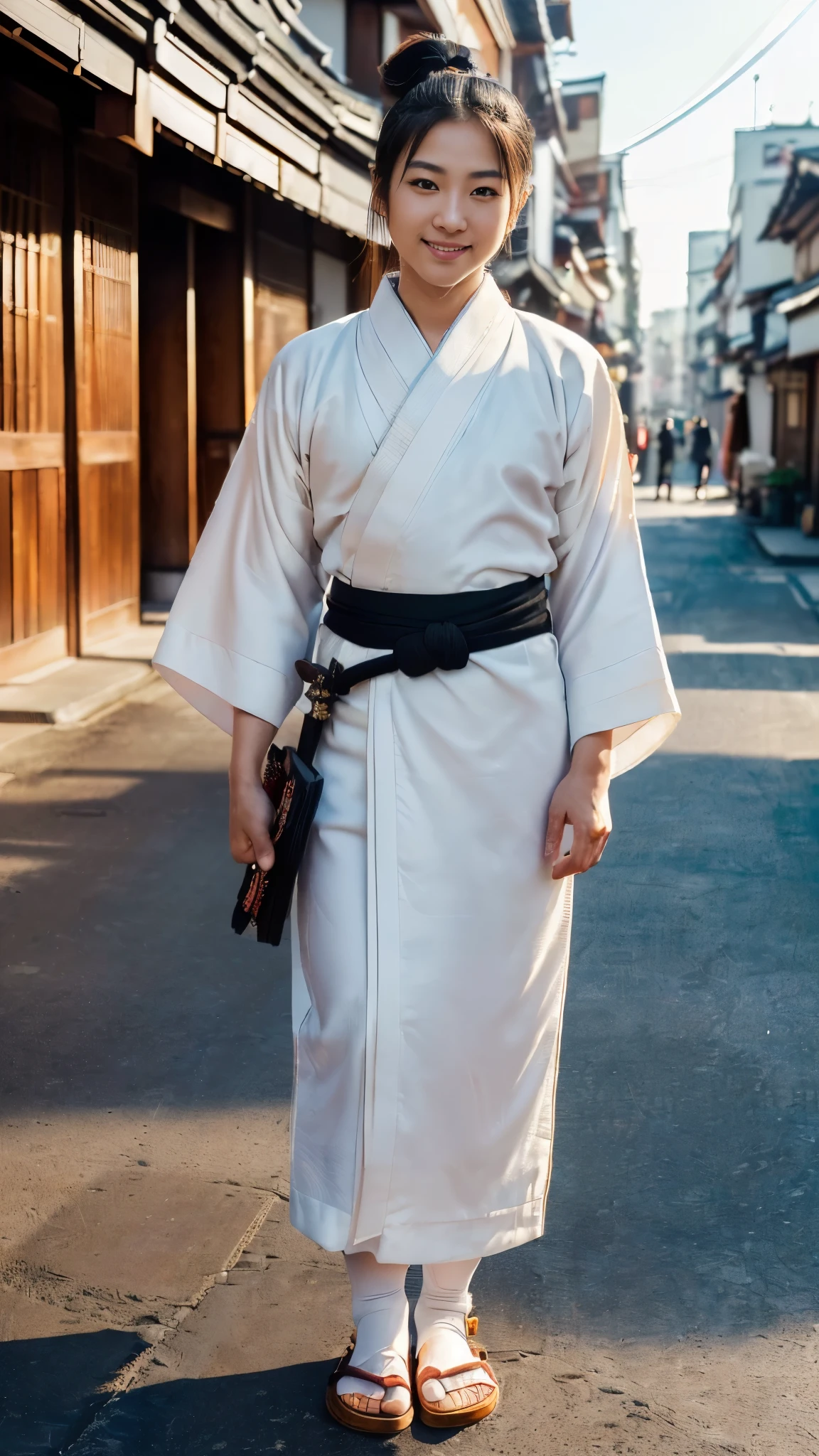 (full body photo,lifestyle,closeup:bright eyes, detailed lips,smiling,Japanese girl,handsome,ponytail,traditional men clothes:1.1,white kimono,black hakama,white tabi socks,wooden geta sandals,katana:1.1,like a samurai:1.1,proudly holding a katana,standing in a street:0.9,facing the camera:1.1,body facing to viewer,modern city background, bright light,noon sunlight,vibrant colors:1.1,ultra-realistic,high resolution,professional,photorealistic:1.37)