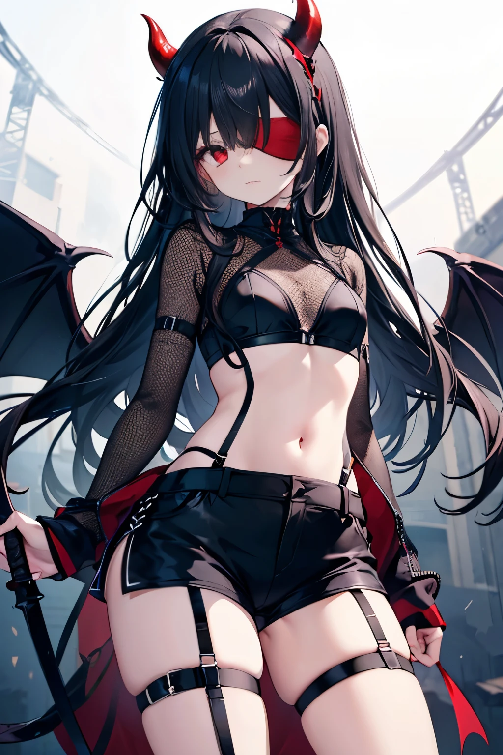 Devil, black hair, red eyes, long hair, red mesh, blindfold, black and red based clothing, exposed belly button, garter belt, shorts, knife, long bangs, one eye covered, long hair down to the waist, slender, girl, small breasts, devil&#39;s tail 
