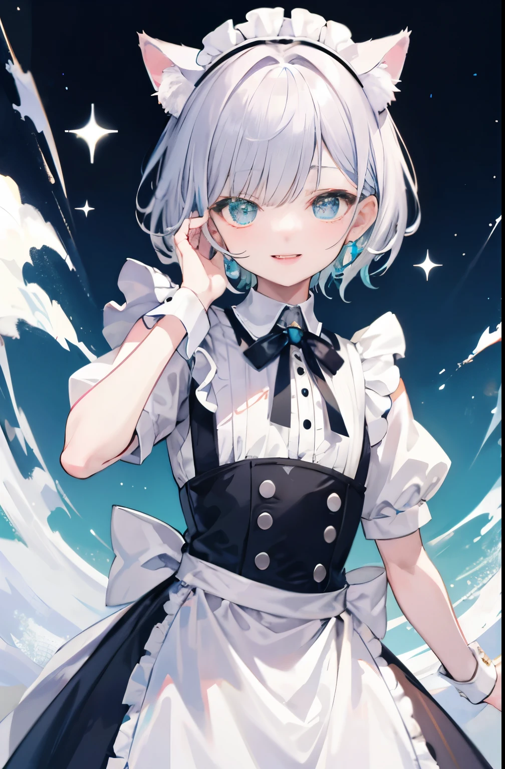 gray hair、short hair、Light blue gradation on the tips of the hair、Maid clothes based on light blue、light purple left eye、yellow-green right eye、odd eye、、Cat ear、smile、Innocent、young、man&#39;s daughter、white star-shaped pupil