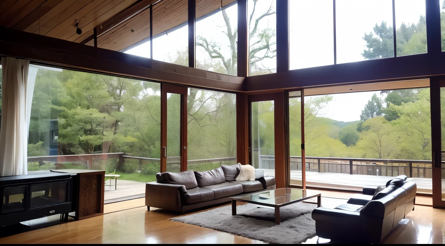 The oversized panoramic floor-to-ceiling glass windows allow you to clearly see the scenery outside the window. The large living room is equipped with fabric sofas without too many decorations. The firewood in the fireplace is burning. It is warm and romantic, with a wabi-sabi decoration style.