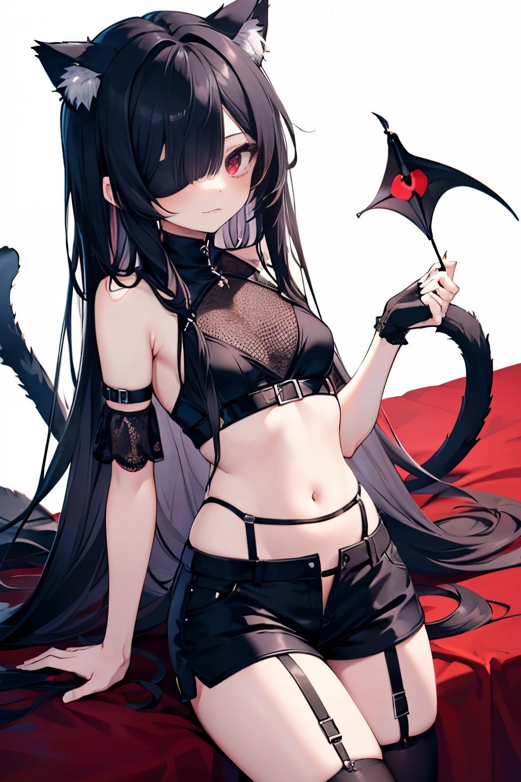 Devil, black hair, red eyes, long hair, red mesh, blindfold, black and red based clothing, exposed belly button, garter belt, shorts, knife, long bangs, one eye covered, long hair down to the waist, slender girl, small breasts, devil's tail, cat ears