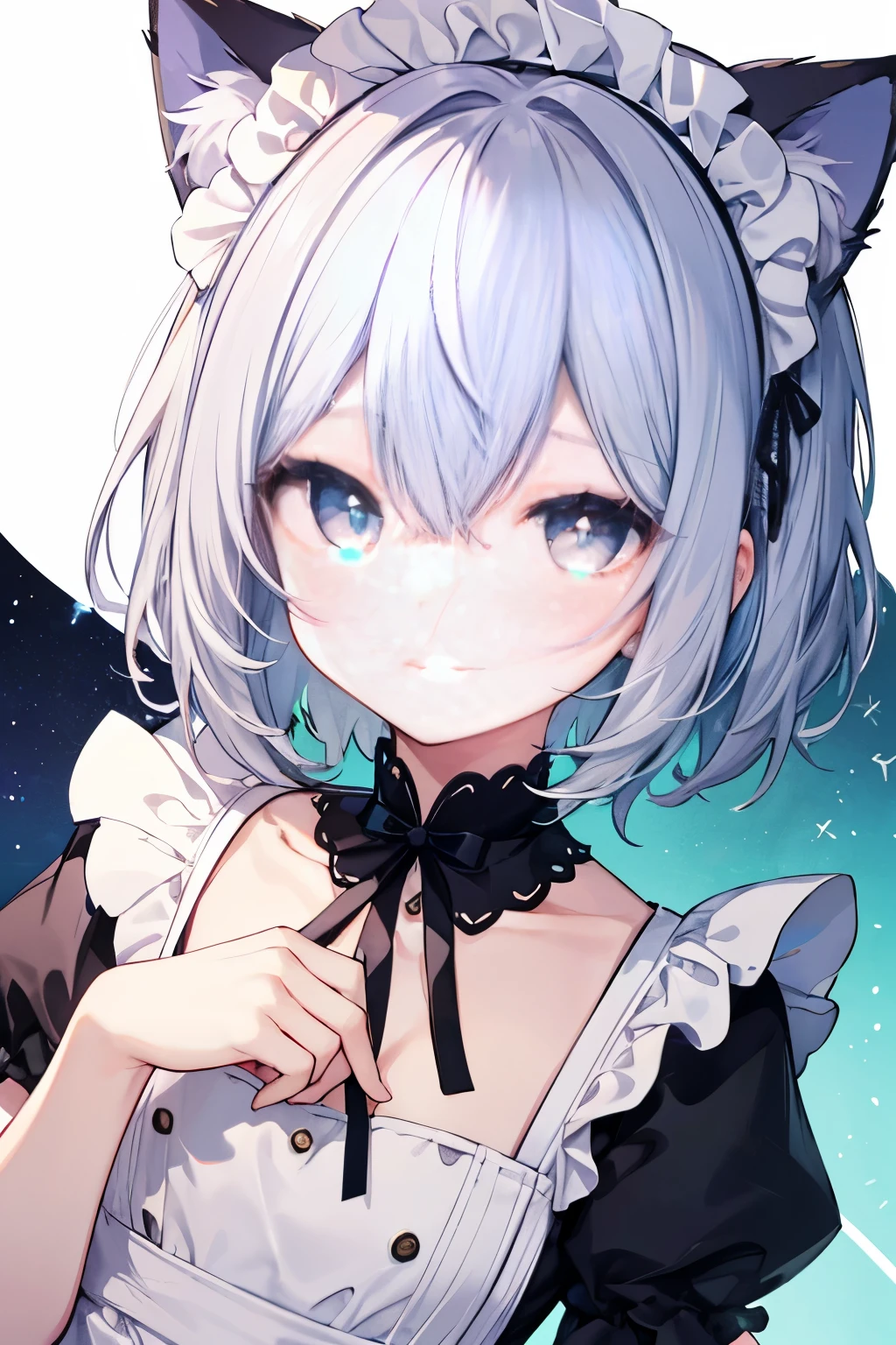 gray hair、short hair、Light blue gradation on the tips of the hair、Maid clothes based on light blue、light purple left eye、yellow-green right eye、odd eye、、Cat ear、smile、Innocent、young、man's daughter、white star-shaped pupil