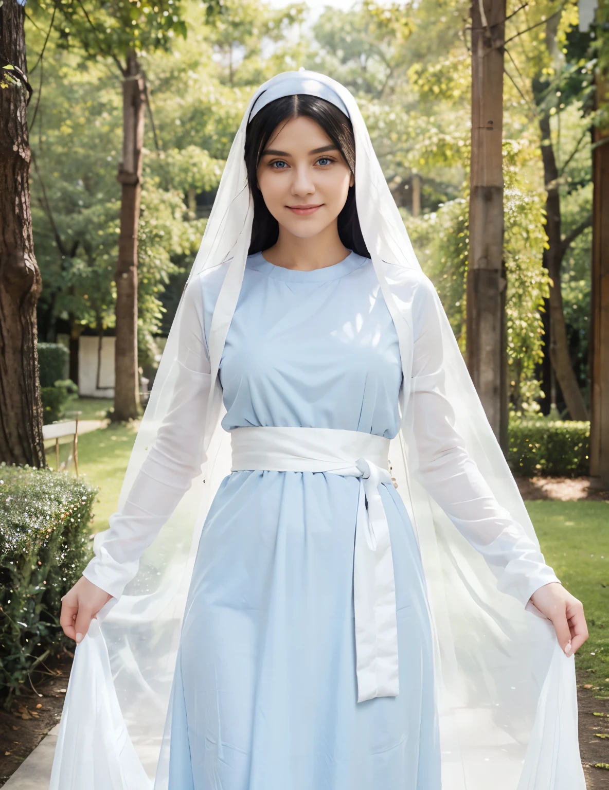 Beautiful woman with light blue eyes, wearing a plain blue tunic, nun's habit, wearing a white sash around her waist and a white non-transparent veil, long black hair, pink face with a sweet smile, perfect full body