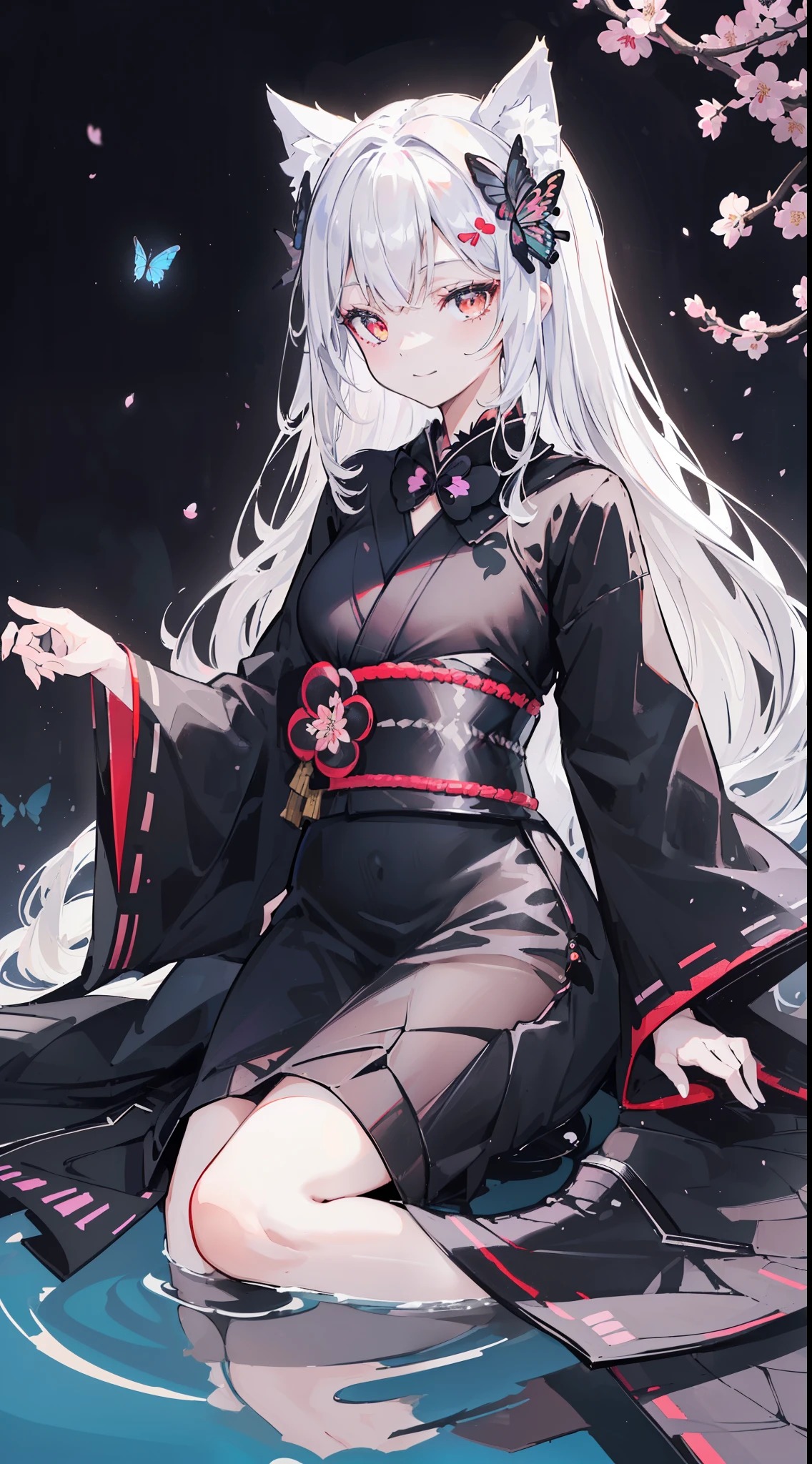 32k, perfect body, cute , cute smile, cute dress, long hair, white hair, black dress, ((black butterfly)), ((black butterfly hair ornament)), ((black butterfly shaped brooch)), ((black butterfly dress)), ((black ligth particle)), (((beautiful quality))), ((black kimono)), ((black Japanese clothing)), ((nekomimi)), (((Cherry blossom background))), (((the floor is on the water surface))),