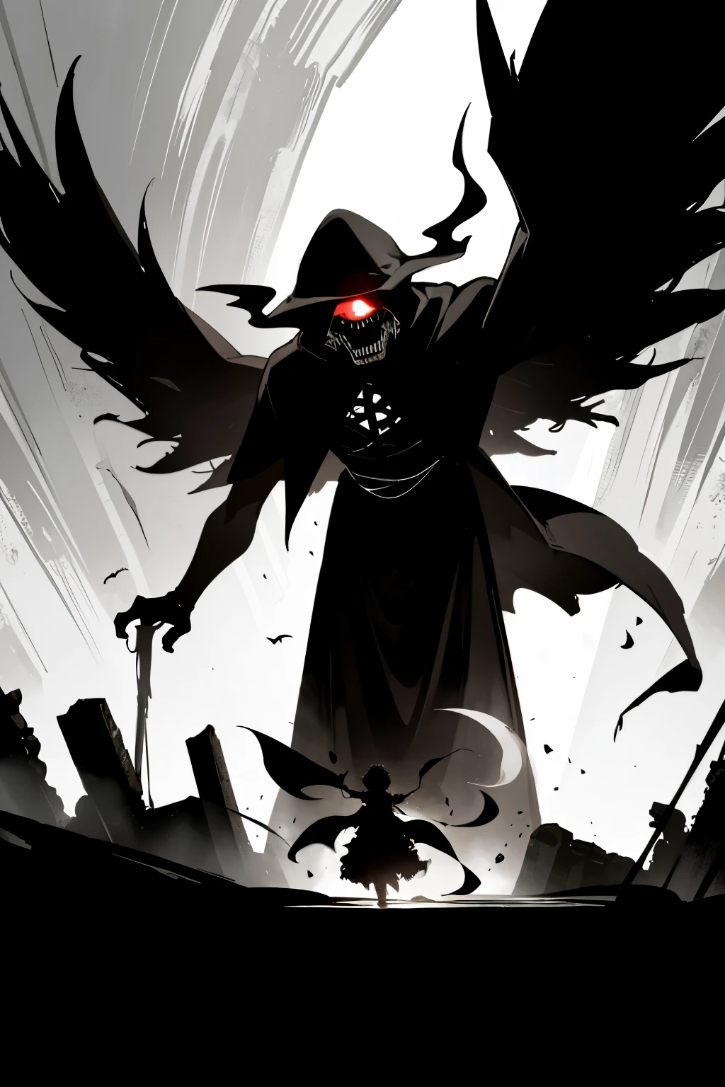 In the depths of a dark fantasy world, a huge black ghost emerges from the shadows, its massive wings spread wide to cloak the ancient ruins around it. The ghost's ethereal eyes pierce the darkness as it fixates on the camera, emanating an aura of mystery and intimidation. Despite its terrifying appearance, the ghost's expression remains enigmatic, leaving the viewer in a state of wonder and apprehension.