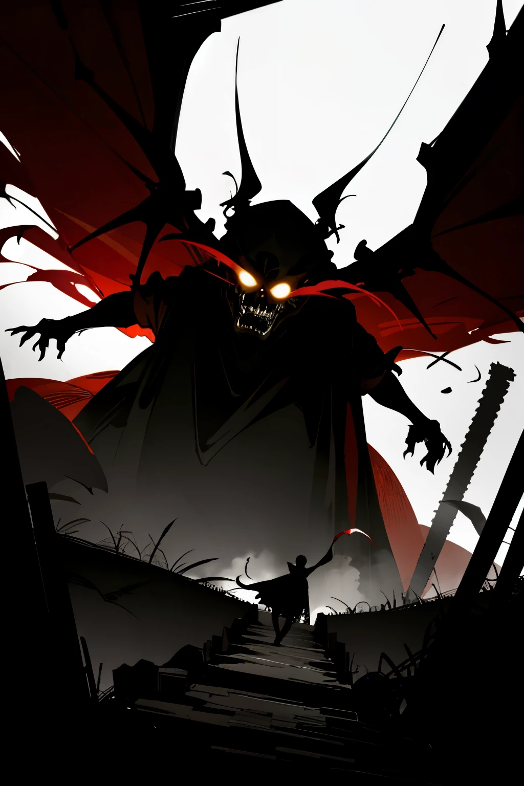 In the depths of a dark fantasy world, a huge black ghost emerges from the shadows, its massive wings spread wide to cloak the ancient ruins around it. The ghost's ethereal eyes pierce the darkness as it fixates on the camera, emanating an aura of mystery and intimidation. Despite its terrifying appearance, the ghost's expression remains enigmatic, leaving the viewer in a state of wonder and apprehension.