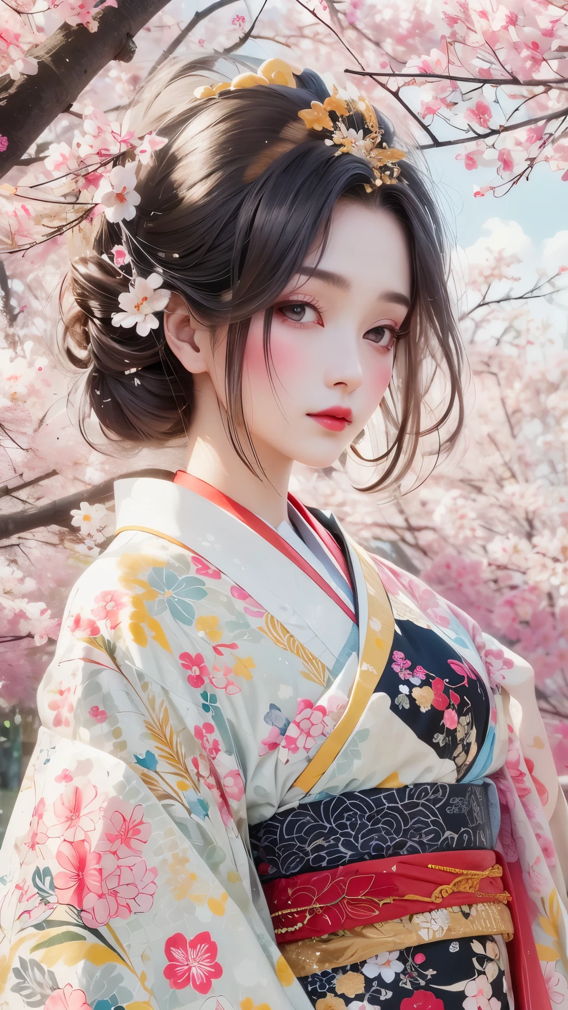 A geisha girl stood elegantly under cherry blossoms, looking back and smiling: 1.37. Many red cherry blossom petals fell one after another, all over her body,
The white foundation on the girl's face has no highlights or shadow decorations. The whole white foundation make-up covers the face and neck. Red lip makeup is a small mouth area smaller than normal lips. The thick and thin eyeliner pen can highlight the contour of the eyes, strengthen the eyes, and make the pupils look dark and deep. A straight eyebrow is both eye-catching and not stiff, making the entire face cleaner. Typical Japanese geisha makeup, wearing a gorgeous kimono embroidered with black and gold cherry blossoms, this is a long sleeved kimono, wearing Japanese clogs, background: deep streets and alleys under moonlight, white and black, surrealism, realistic depiction of light and shadow, realistic and exaggerated photos, ultra-high quality, super details, movie shots, shallow depth of field,