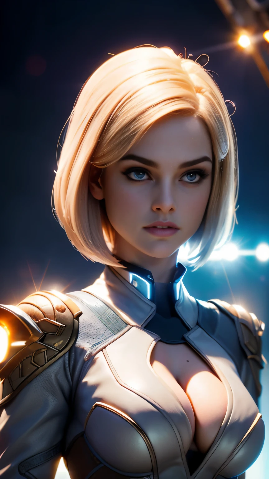 photo of Alice Eve, RAW, beautiful woman, ((portrait)), ((detailed face:1.2)), ((detailed facial feature, detailed skin, clear skin), ((detailed beautiful female eyes)), (Beautiful cute face), (beautiful female hands), ((perfect female figure)), (perfect proportioned body, ), (short bob cut hair), (wearing low cut v-neck revealing plug suit armor with led lights), (high detailed alien planet background), (lens flares:1.5), (realistic photo, best quality, detailed), (8k wallpaper), (cinematic lighting, dramatic lighting) (sharp focus, intricate)