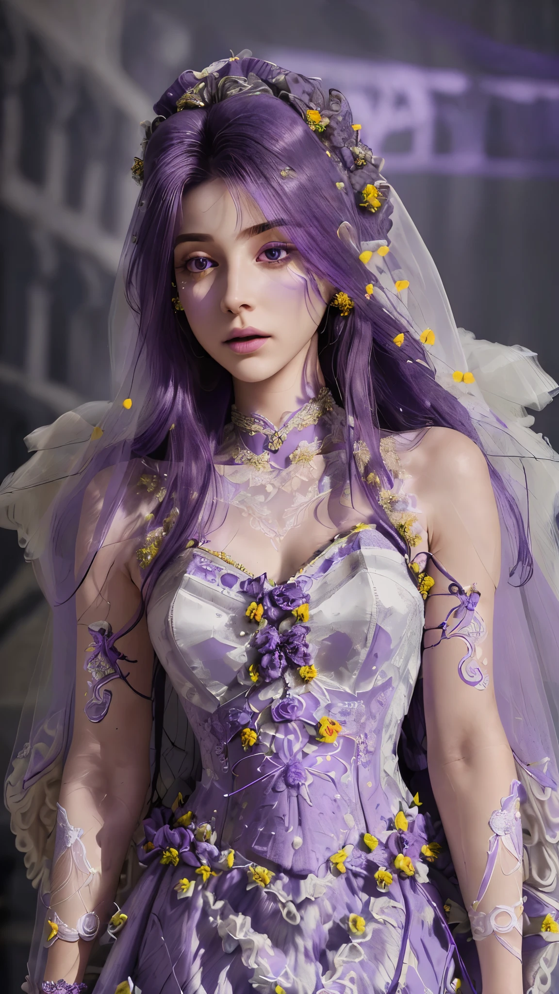 8k, ultra hd, masterpiece, 1 girl, good face, very long hair, detailed eyes, detailed lips, medium breasts, photorealistic, extreme detailed art, (purple wedding dress:1.5), (jwellery:1.5), bare waist, ornaments, hair ornament, loops on dress, (laces:1.5), (straps), night view, light effects, diwali lights, perfect body,