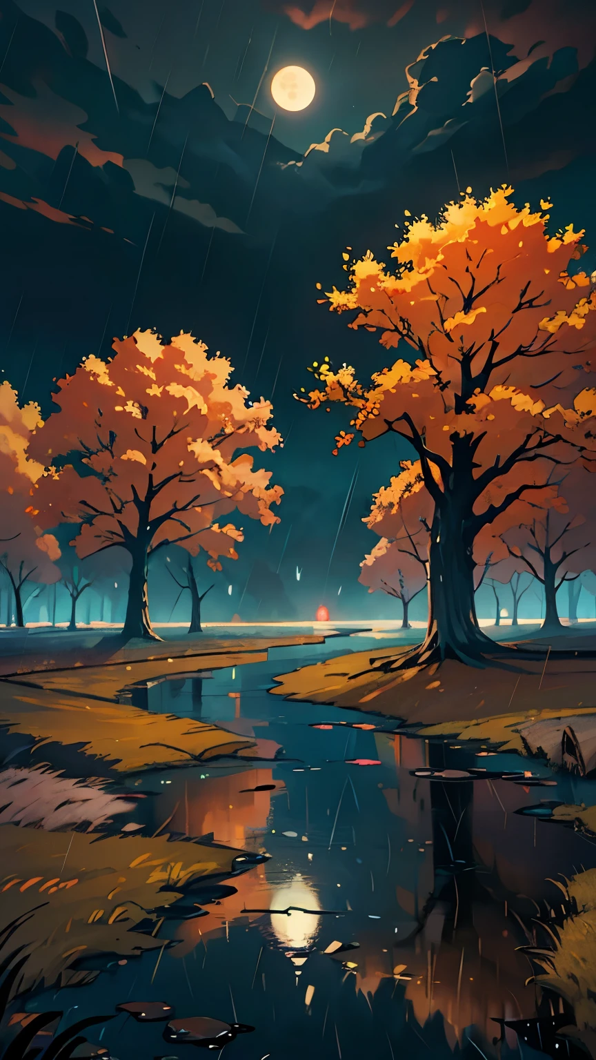 A painting of an autumn landscape, dead trees, dark cloud, rain, rain storm, mud puddle, dead grassy field, night time light, dark sky, full moon. Foggy, nebula, water reflecting. 8k