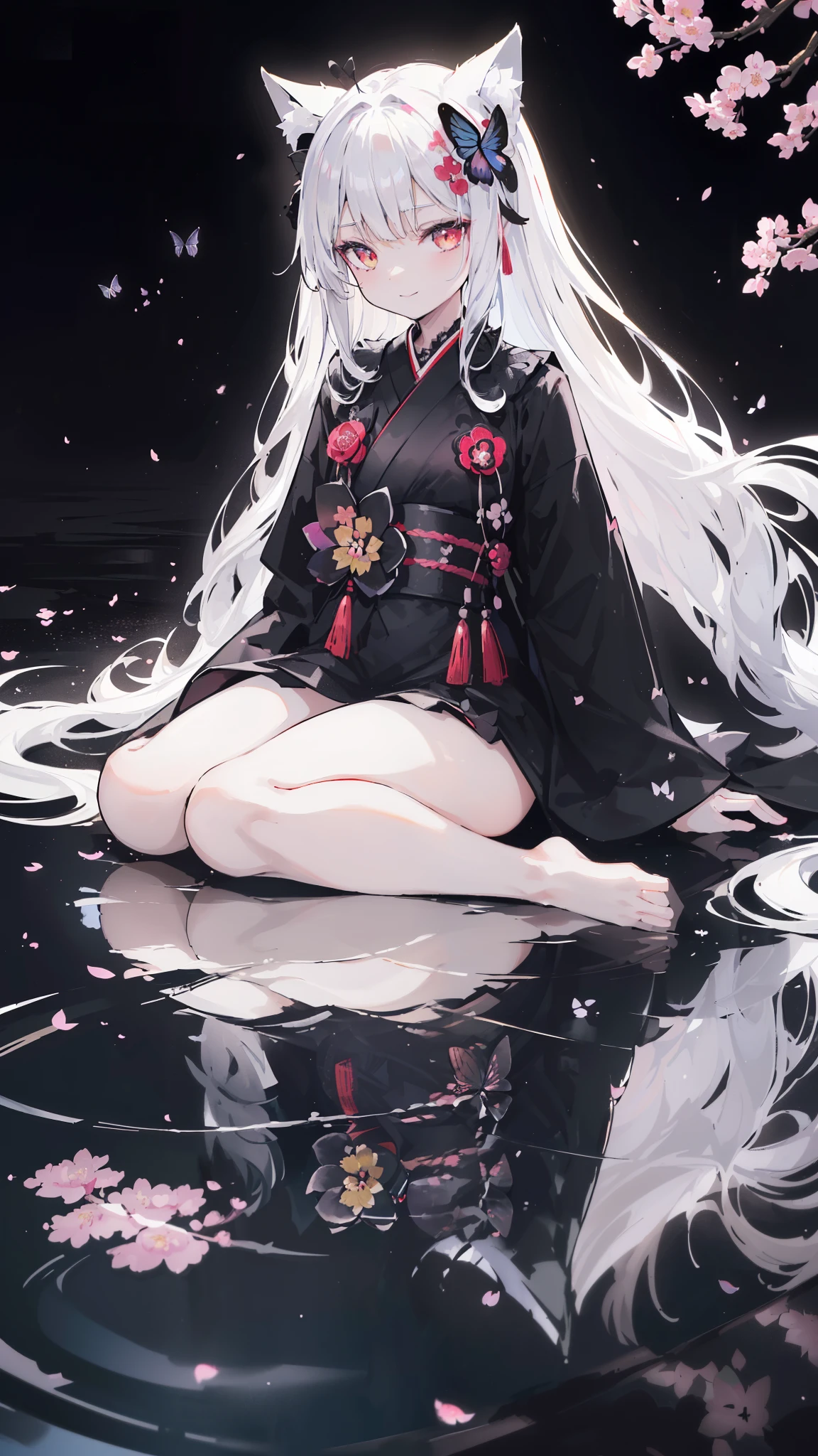 32k, perfect body, cute , cute smile, cute dress, long hair, white hair, black dress, ((black butterfly)), ((black butterfly hair ornament)), ((black butterfly shaped brooch)), ((black butterfly dress)), ((black ligth particle)), (((beautiful quality))), ((black kimono)), ((black Japanese clothing)), ((nekomimi)), (((Cherry blossom background))), (((the floor is on the water surface))),