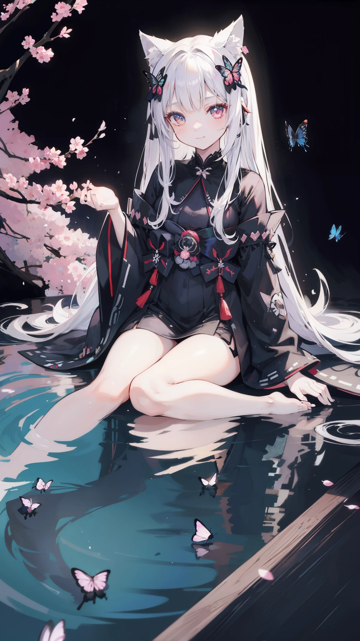 32k, perfect body, cute , cute smile, cute dress, long hair, white hair, black dress, ((black butterfly)), ((black butterfly hair ornament)), ((black butterfly shaped brooch)), ((black butterfly dress)), ((black ligth particle)), (((beautiful quality))), ((black kimono)), ((black Japanese clothing)), ((nekomimi)), (((Cherry blossom background))), (((the floor is on the water surface))),