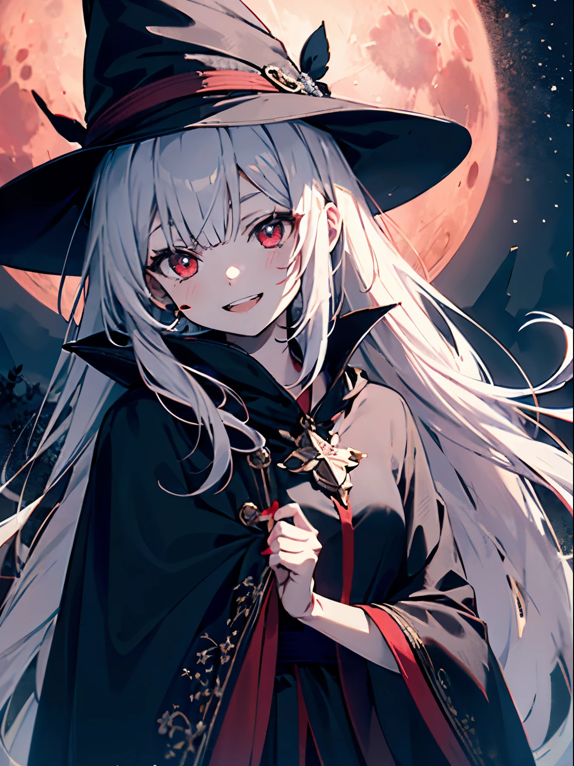 teenage girl、human、A magician who always smiles、large witch hat 、cute、long white hair、Red eyes and glazed eyes、Bangs are heavy、Thin eyebrows、lowered eyebrows、fantasy、intake、double teeth、star motif、Seiza motif、monochrome clotheetal look decoration、cape、A little dark atmosphere、a little crazy smile、Outside at night when the red moon shines、blood return、black star hair ornament