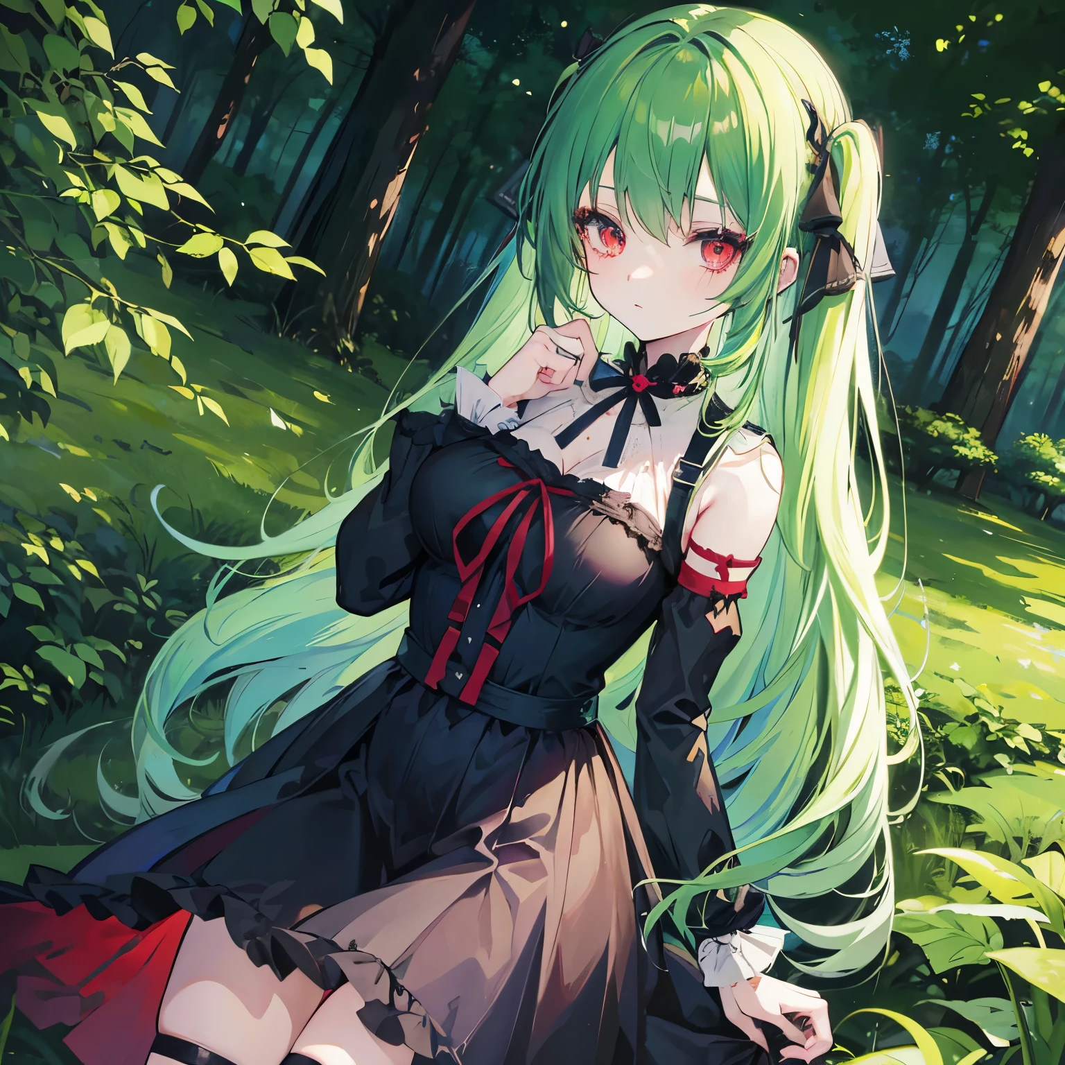 anime girl, green hair, long hair, eyepatch, red eyes, wearing blue gothic dress, kawaii, black ribbon hair accessories, kuudere, forest fantasy background