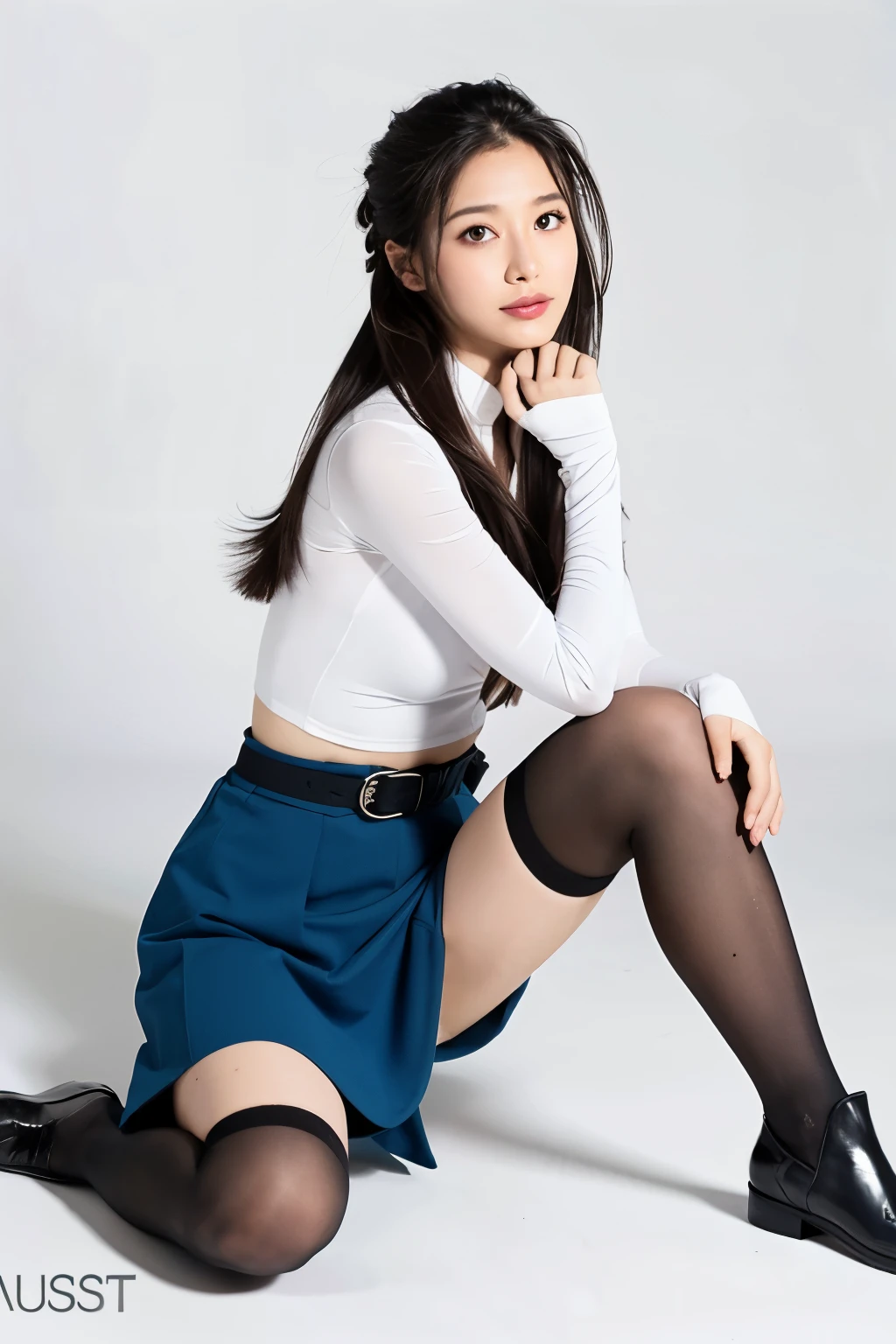 1. long light blue hair 2. Twin tail style 3. The tips of the hair are curled outward 4. Whitish highlights inside the hair 5. side bang 6. pink and black headphones 7. headphones have a microphone 8. gray and black clothes 9. red on left arm「01」mark of 10. Keyboard-shaped arm cover attached to the right arm 11. Transparent material is used in some of the clothes 12. Long sleeves and their transparent details 13. Black band on cuff 14. Gray line from shoulder to arm 15. black waist belt 16. gray skirt 17. There are black pleats on the skirt 18. Blue line on the side of the skirt 19. black stockings above the knee 20. Blue line 21 on the side of the stocking. Blue band around thigh 22. Blue detail on the top of the shoe 23. black ankle boots 24. The tip of the shoe curves upward 25. Posture is upright 26. hands out in front 27. Characteristic pose of right hand fingers 28. green eyes 29. long eyelashes around the eyes 30. black eyeliner 31. Characteristic shape of eyebrows 32. small nose 33. thin lips 34. Lips color is pink 35. Mild cheek flush 36. The outline of the face is clear 37. smooth skin 38. Body slim silhouette 39. Leg position visible from under the skirt 40. Exposed skin 41. Body proportions and balance 42. Pose where the character is stationary 43. Shoulder-mounted speakers 44. Blue ribbon in hair 45. I can't see the color of my nails 46. deaf 47. Underwear is invisible 48. not wearing gloves 49. Multiple straps on clothes 50. I can't see the sole of the shoe