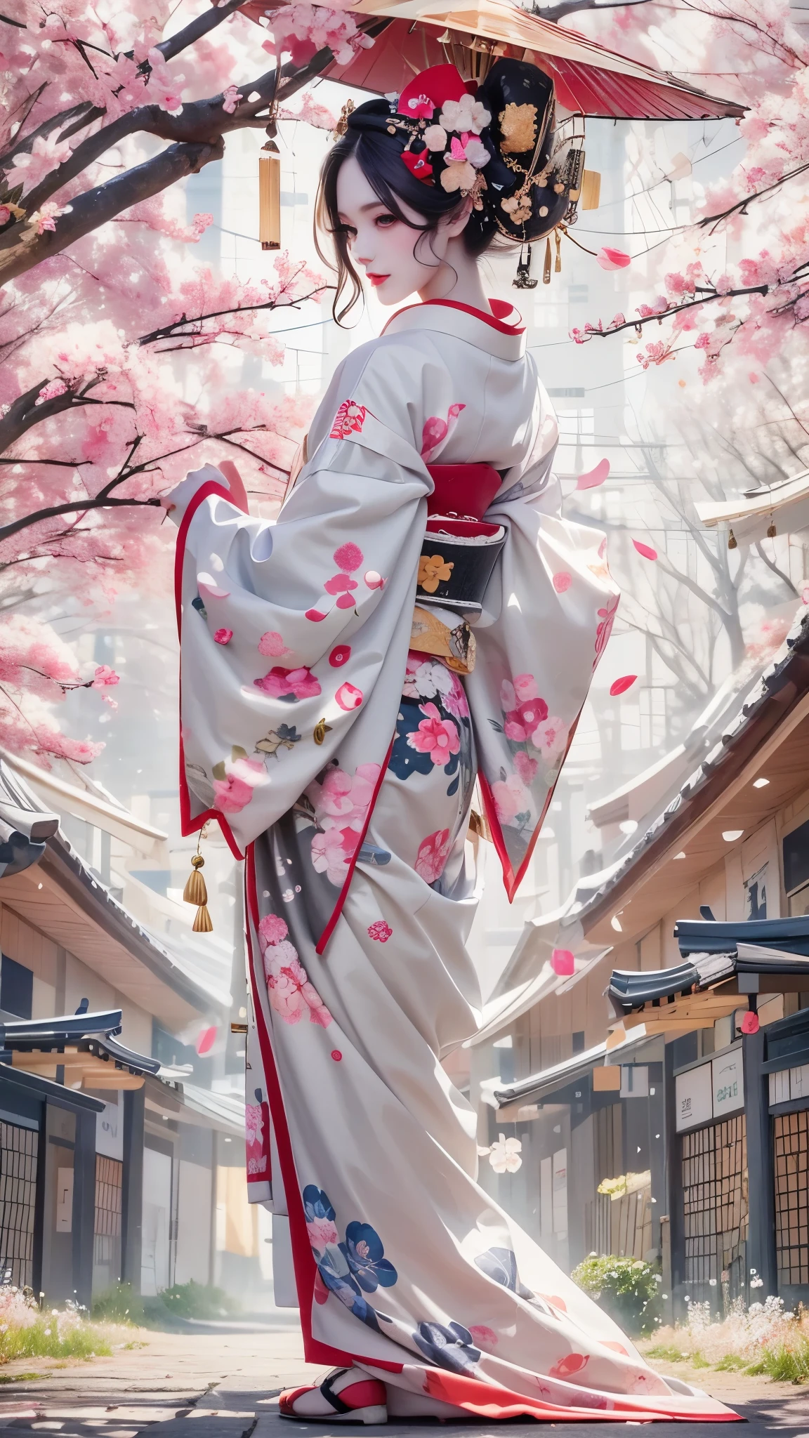 (An ancient geisha girl stood elegantly under cherry blossoms, looking back and smiling: 1.37), many red cherry blossom petals fell one after another, (all over her body),
The white foundation on the girl's face has no highlights or shadow decorations. The whole white foundation make-up covers the face and neck. Red lip makeup is a small mouth area smaller than normal lips. The thick and thin eyeliner pen can highlight the contour of the eyes, strengthen the eyes, and make the pupils look dark and deep. A straight eyebrow is both eye-catching and not stiff, making the entire face cleaner. Typical Japanese geisha makeup, wearing a gorgeous kimono embroidered with black and gold cherry blossoms, this is a long sleeved kimono, wearing Japanese clogs, background: deep streets and alleys under moonlight, white and black, surrealism, realistic depiction of light and shadow, realistic and exaggerated photos, ultra-high quality, super details, movie shots, shallow depth of field,