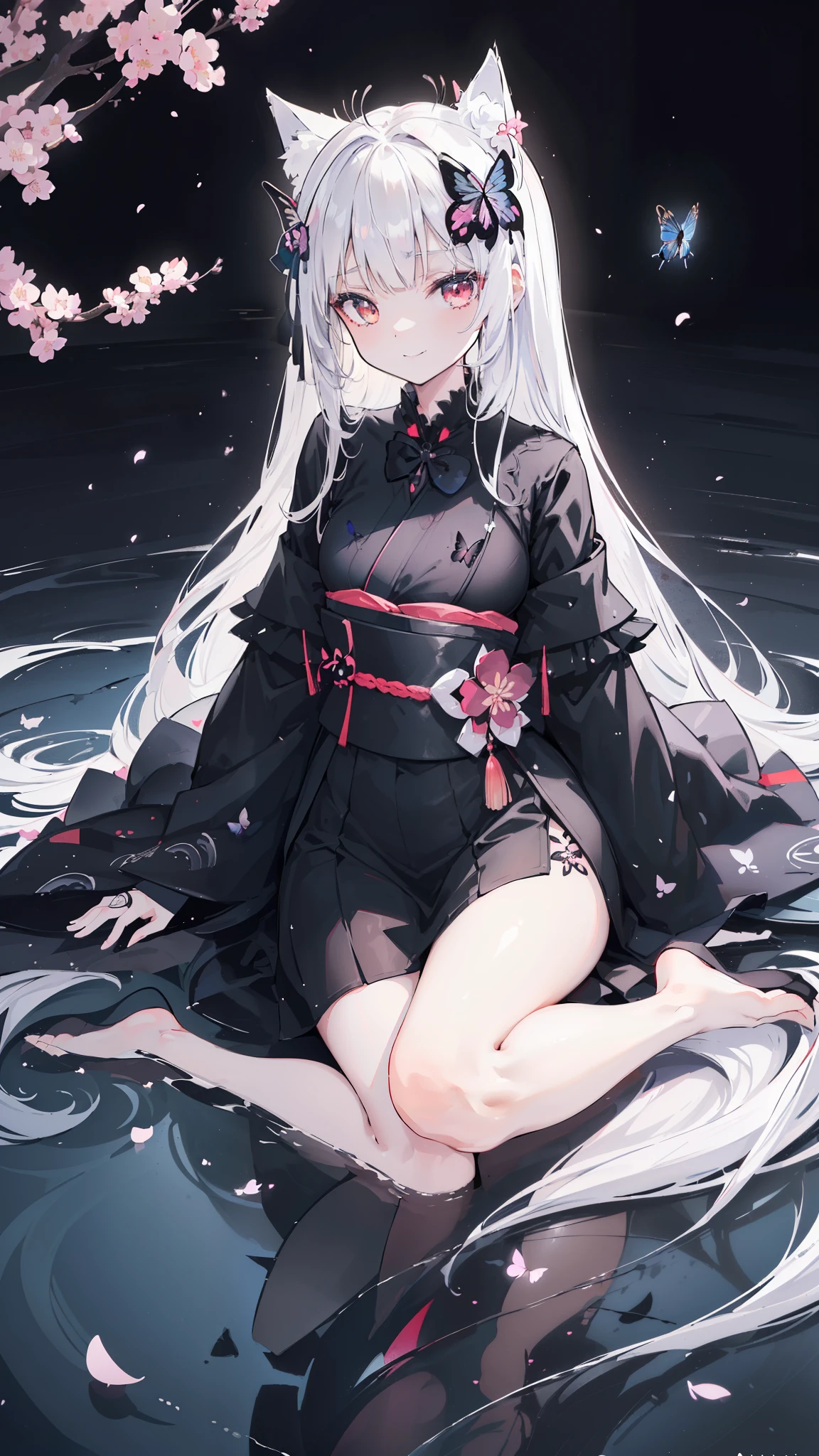 32k, perfect body, cute , cute smile, cute dress, long hair, white hair, black dress, ((black butterfly)), ((black butterfly hair ornament)), ((black butterfly shaped brooch)), ((black butterfly dress)), ((black ligth particle)), (((beautiful quality))), ((black kimono)), ((black Japanese clothing)), ((nekomimi)), (((Cherry blossom background))), (((the floor is on the water surface))), 