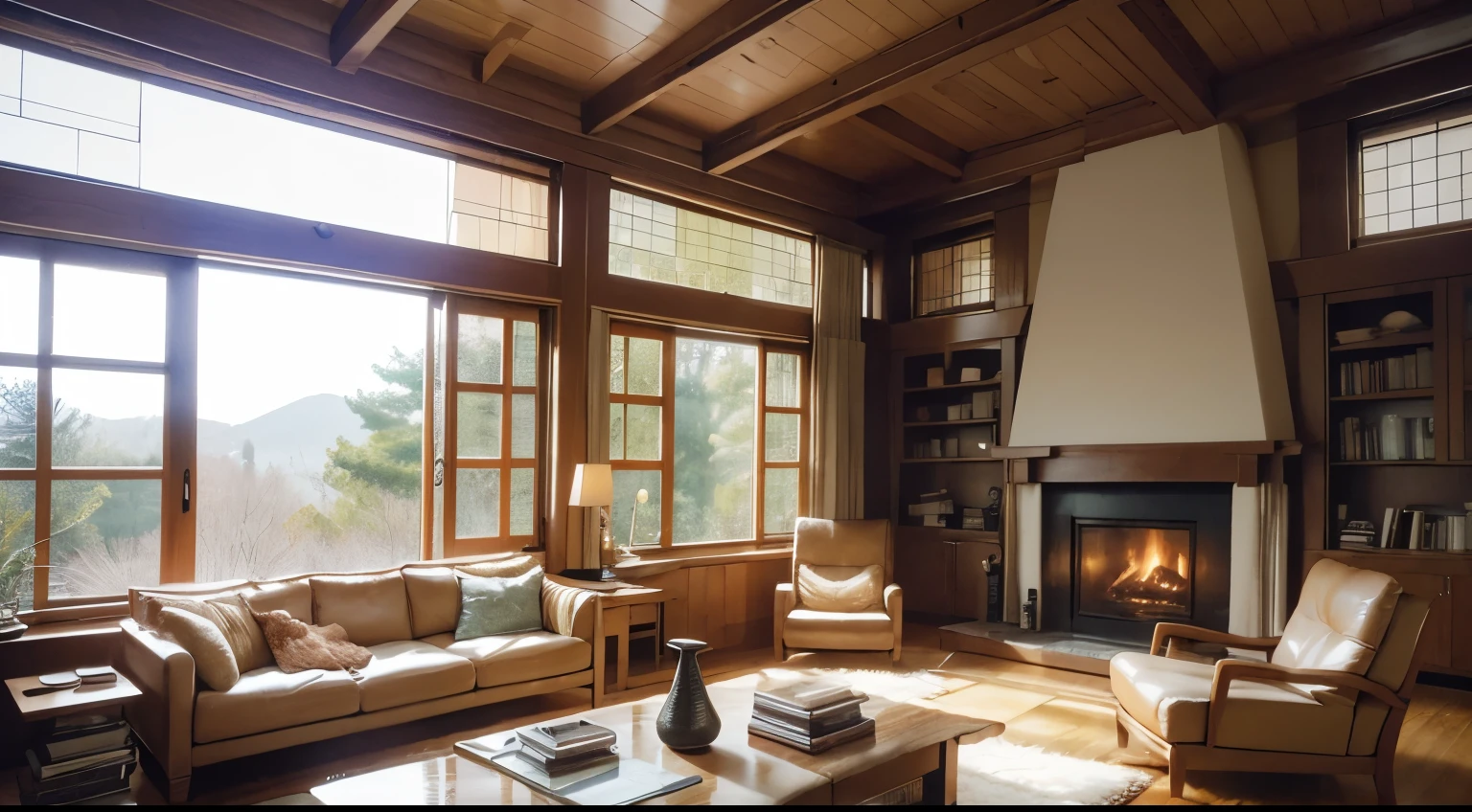 The oversized panoramic floor-to-ceiling glass windows allow you to clearly see the scenery outside the window. The large living room is equipped with fabric sofas without too many decorations. The firewood in the fireplace is burning. It is warm and romantic, with a wabi-sabi decoration style.