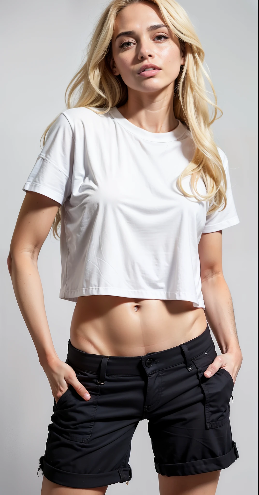um close de uma mulher com uma camisa branca e shorts pretos, vestindo um top cortado, com camiseta rasgada, wearing corte superior, vestindo um top cortados, usando um top cropped sexy, camiseta branca, Topo branco, wearing a corte superior, physicist : a menor barriga de todos os tempos, camiseta branca, camiseta branca, corte superior