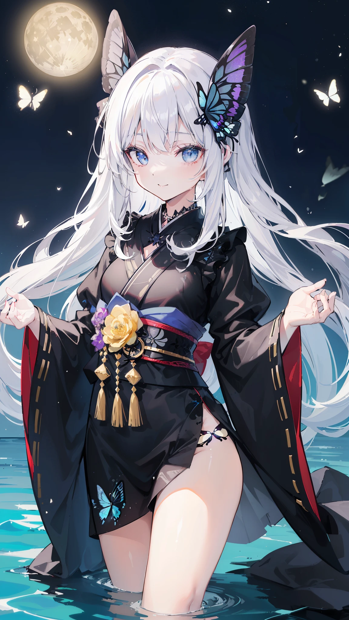 32k, perfect body, cute , cute smile, cute dress, long hair, white hair, black dress, ((black butterfly)), ((black butterfly hair ornament)), ((black butterfly shaped brooch)), ((black butterfly dress)), ((black ligth particle)), (((beautiful quality))), ((black kimono)), ((black Japanese clothing)), (((the floor is on the water surface))), ((full moon)), 