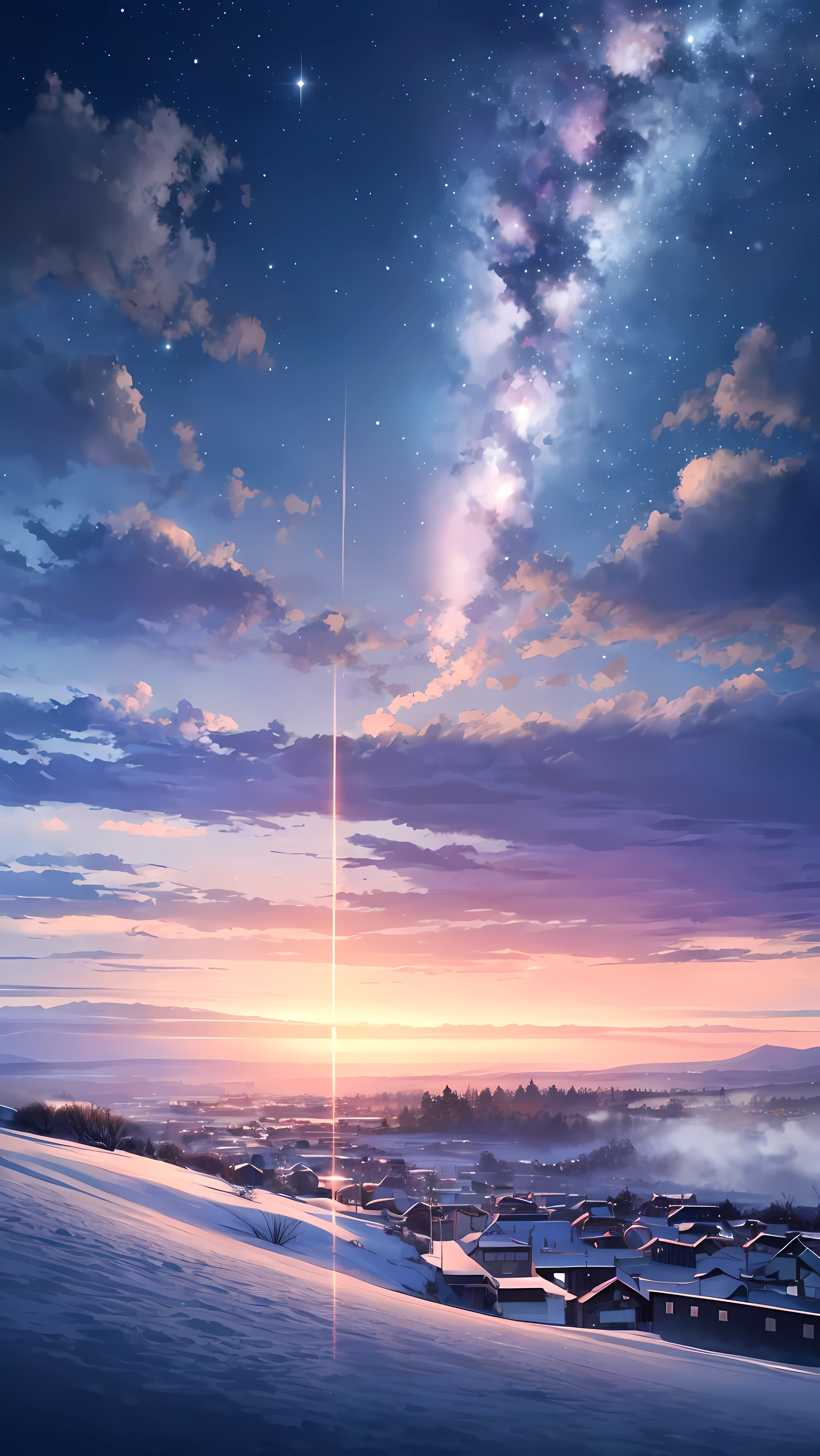 obra de arte, breathtaking scene, nenhum humano presente, (((estilo makoto shinkai))), pixiv, desenho de anime, alta qualidade, pink and purple gradient sky, tranquilo e lindo (cena), (universo, passagem de trem, magical realism, ((estilo makoto shinkai)), Detalhes extensos),

An artistic atmosphere surrounds the image with a: Atmosfera: 0.8, a beautiful starry sky spread across the screen, a spectacle of natural beauty. The scene is infused with an ethereal aura, where the hills are covered in a light dusting of snow, and the stillness of the water reflects the soft glow