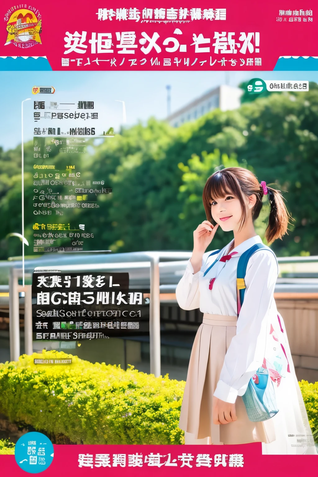 八戸学院大学のMarch 9実施のオープンキャンパス用のポスターを作成してください。Items to put inside、March 9、Trial class、School cafeteria experience、Campus tour。Feeling bright、Please make a poster that features anime characters.