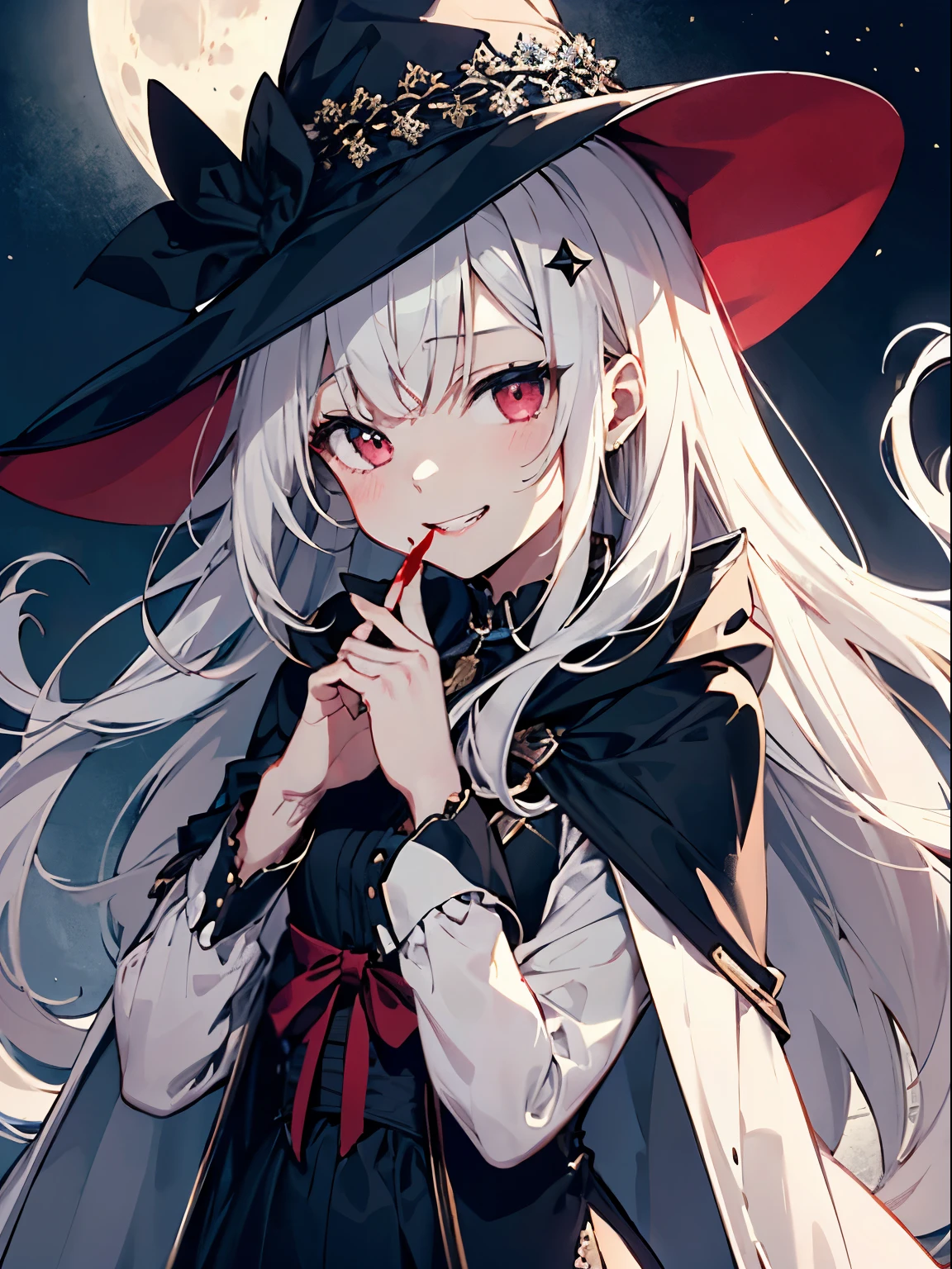 teenage girl、human、A magician who always smiles、large witch hat 、cute、long white hair、Red eyes and glazed eyes、Bangs are heavy、Thin eyebrows、lowered eyebrows、fantasy、intake、double teeth、star motif、Seiza motif、monochrome clotheetal look decoration、cape、A little dark atmosphere、a little crazy smile、Outside at night when the moon shines、blood return、black star hair ornament、I put my hand to my mouth、short tie