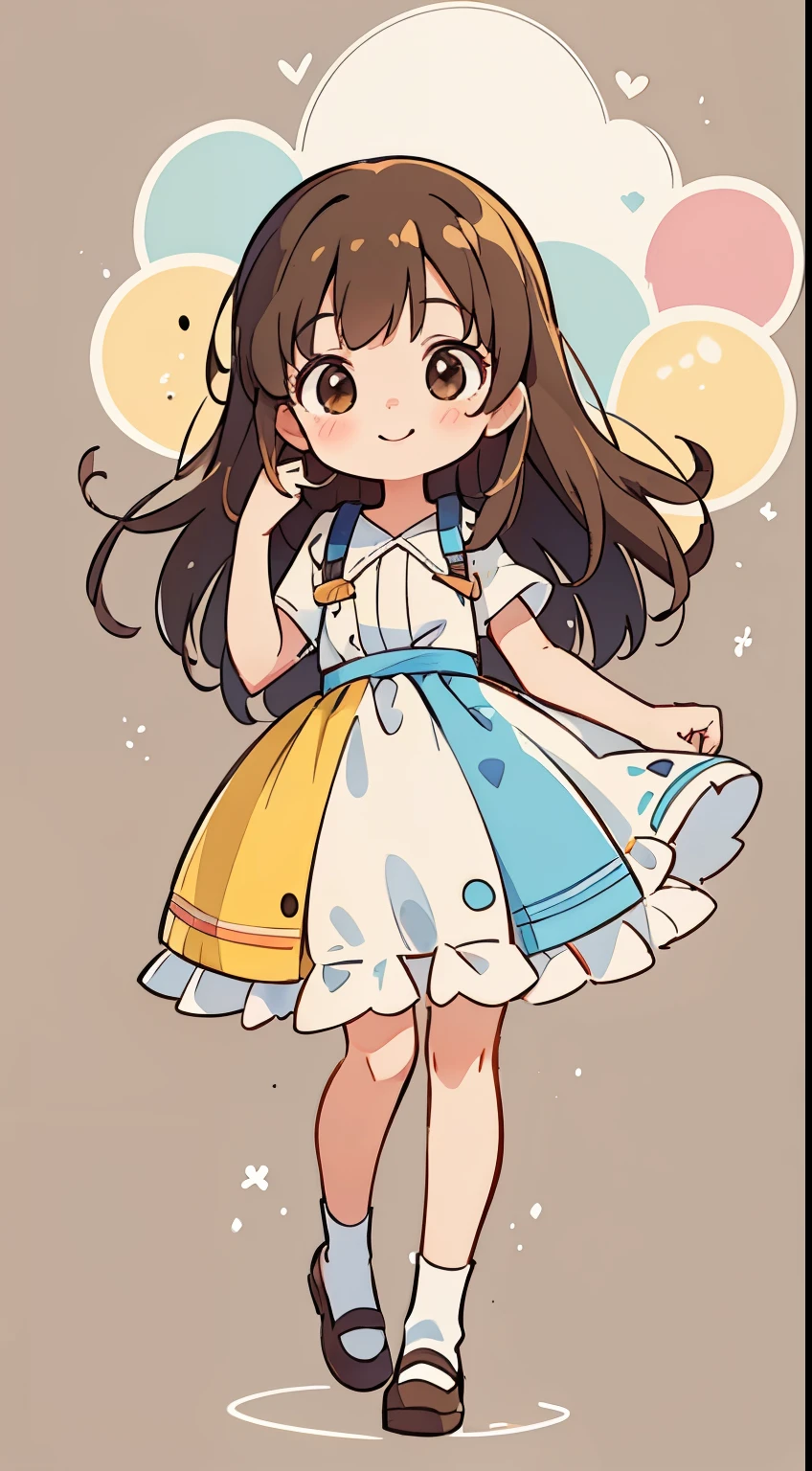 A cute girl , really long brown bang hair not short hair , and a smile , charming sketches ,Smooth and shiny background - AR 1:1 - Rainbow 5 - Expressive in style - S 50(Best Quality, masutepiece, Raw photo,Ultra-detailed:1.2) ,No background but with a few doodle at the back ,full body Esbian
