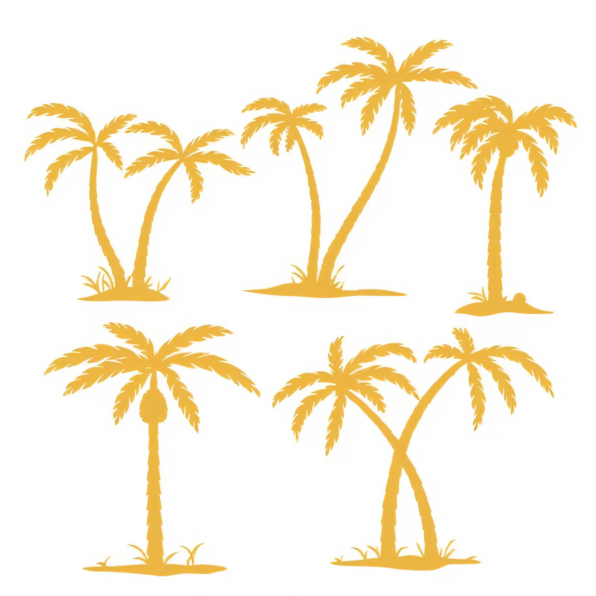 a set of four palm trees with leaves on a white background, palm trees, tropical trees, tropical palms, palmtrees, palms, coconut palms, coconut trees, palm tree, date palm trees, palm trees on the beach, the palms come from the ground, exotic trees, palm, dried palmtrees, palm trees in the background, a palm tree