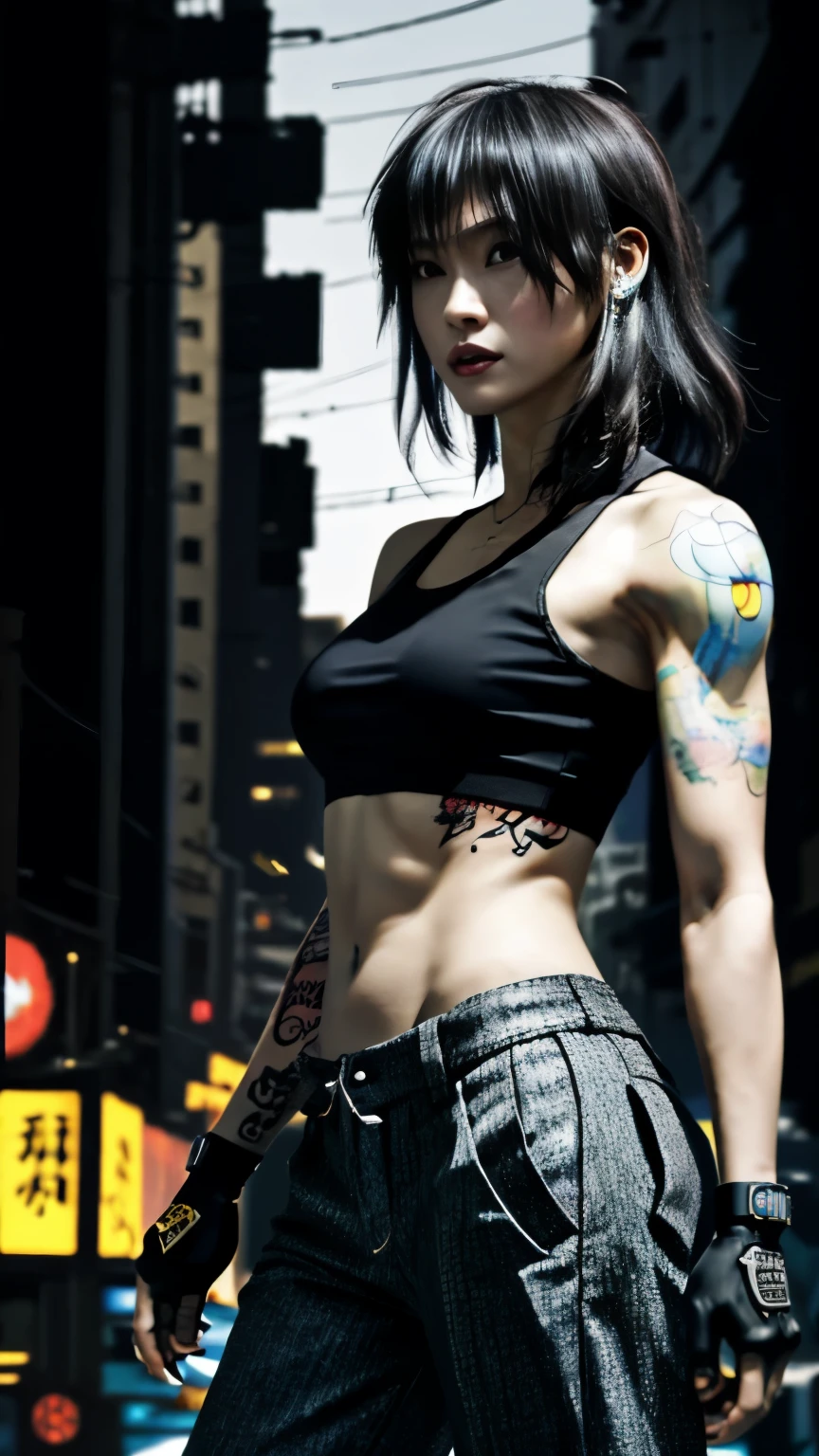 (highest quality)，masterpiece，Super detailed，8K, UHD，Beautiful woman，japanese woman，No expression，whole body，((tattoo))，slim，black slacks，white tank top，(female mafia)，gangster，(cyberpunk city)，night，cinematic lightening，underworld