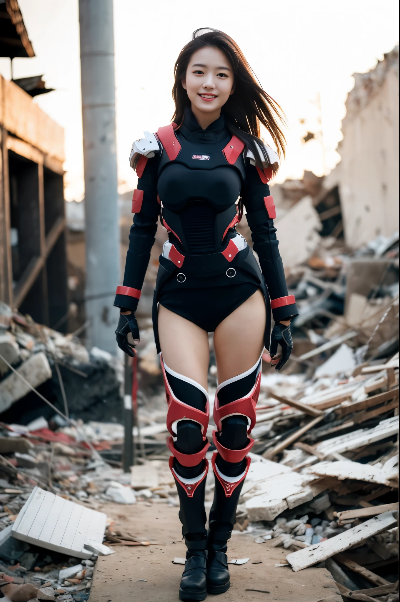 (((a powered exoskeleton))),(((standing))),(((bare inner thigh))), ulzzang-6500-v1.1, (Raw photo:1.2), (Photo realistic:1.4), a beautiful detailed girl, extremely detailed eye and face, beautiful detailed eyes, ultra-detailed, High resolution, top-quality, masterpiece, highly detailed, 8k wallpaper, Wonderful, finely detail, top-quality, Light on the face, movie lighting, 1girl in, (pile of rubble), Beautiful eyes, smile, Opening Mouth