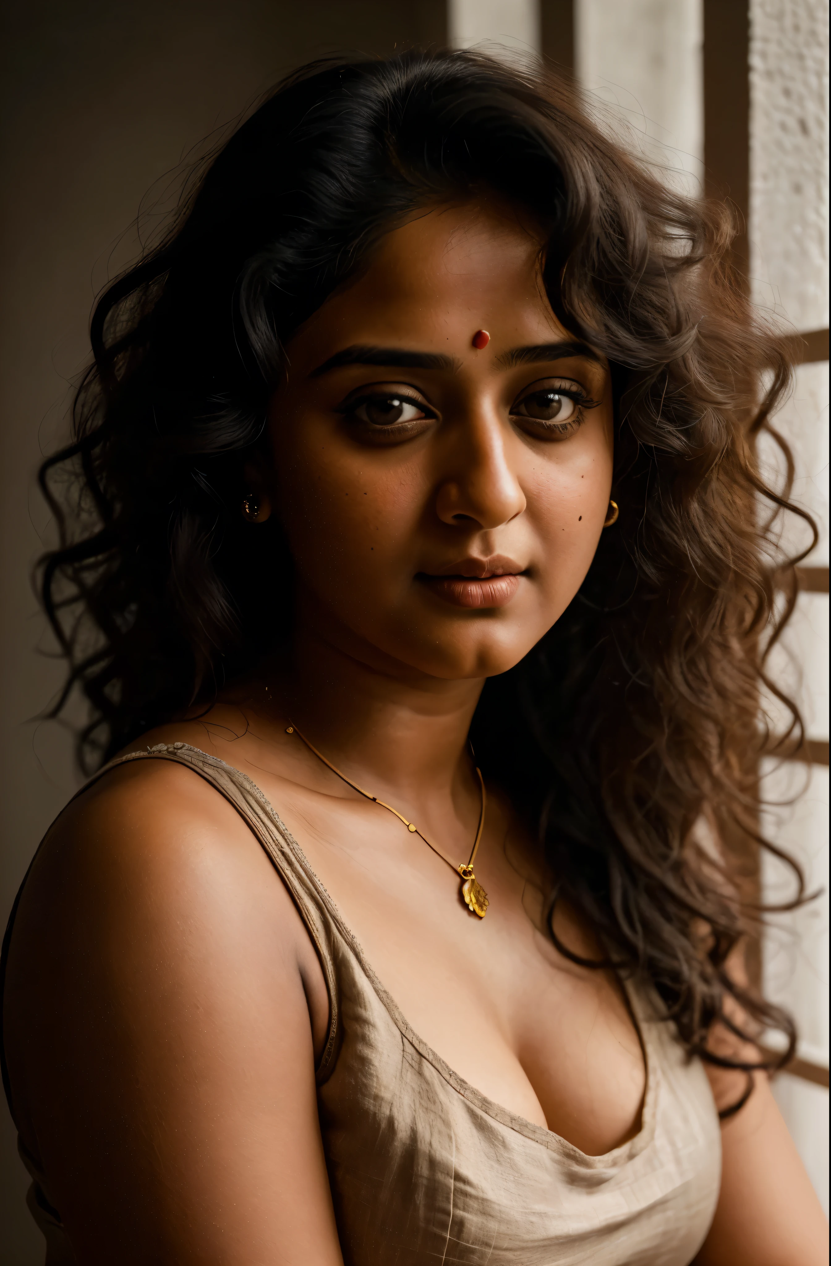 Looks like Anushka Shetty, a photo portrait of a beautiful girl with curls, styled black hair, (face portrait:1.5), dramatic light, Rembrandt lighting scheme, bust shot, linen tank top ,