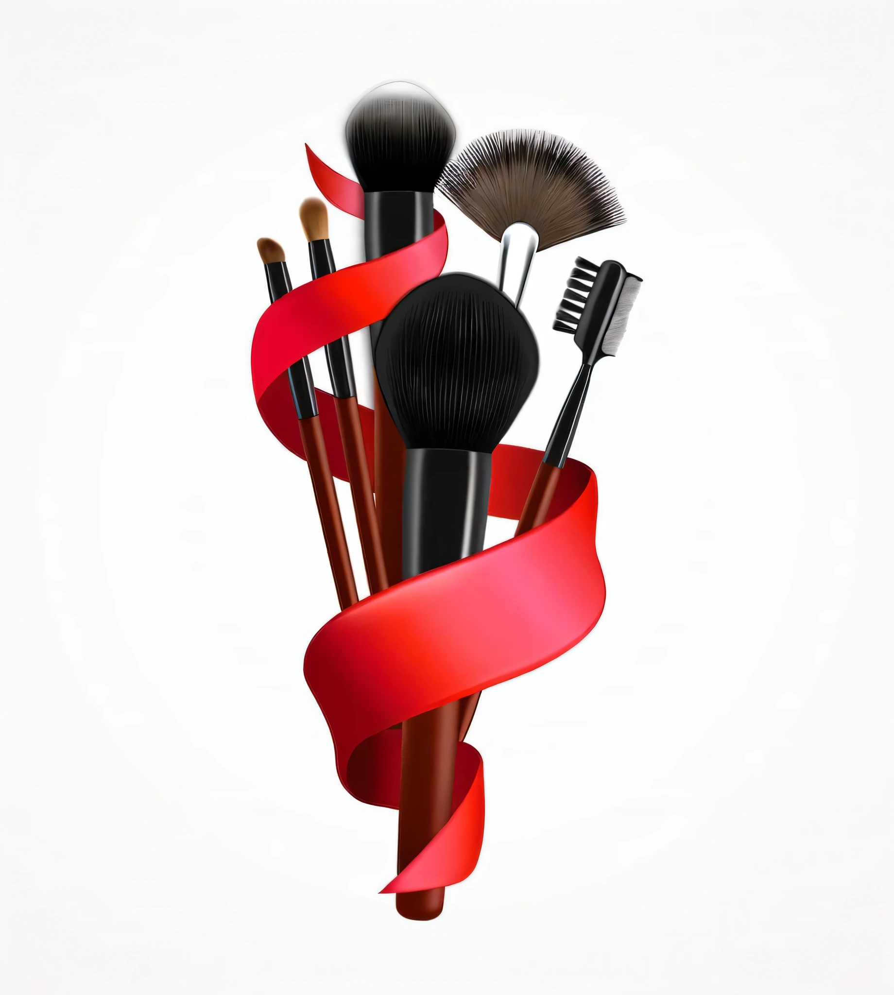 there are brushes and a red ribbon around them, brushes, cosmetics, makeup, vector illustration, professional makeup, sephora, hd illustration, artistic illustration, in professional makeup, set against a white background, with professional makeup, make-up, make - up, photoshop brush, highly detailed brush style, stylish make up, make up, by Melissa Benson, lots of makeup