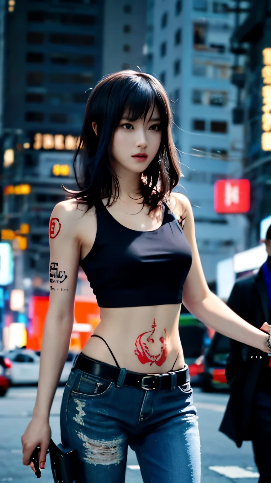 (highest quality)，masterpiece，Super detailed，8K, UHD，Beautiful woman，japanese woman，No expression，whole body，((tattoo))，slim，black slacks，white tank top，(female mafia)，gangster，(cyberpunk city)，night，cinematic lightening，underworld