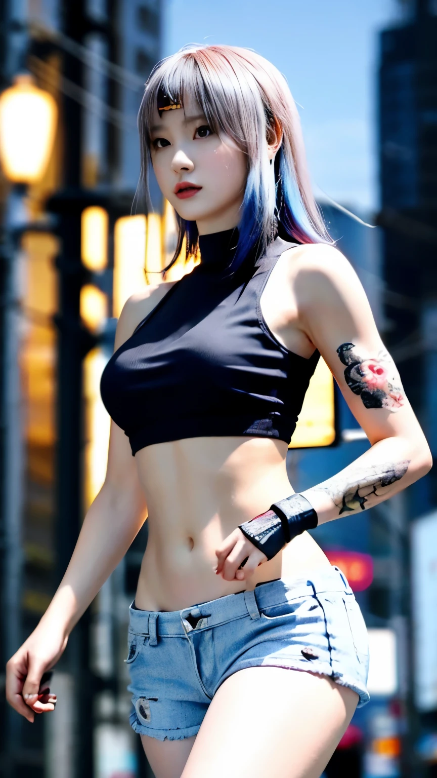 (highest quality)，masterpiece，Super detailed，8K, UHD，Beautiful woman，japanese woman，No expression，whole body，((tattoo))，slim，black slacks，white tank top，(female mafia)，gangster，(cyberpunk city)，night，cinematic lightening，underworld