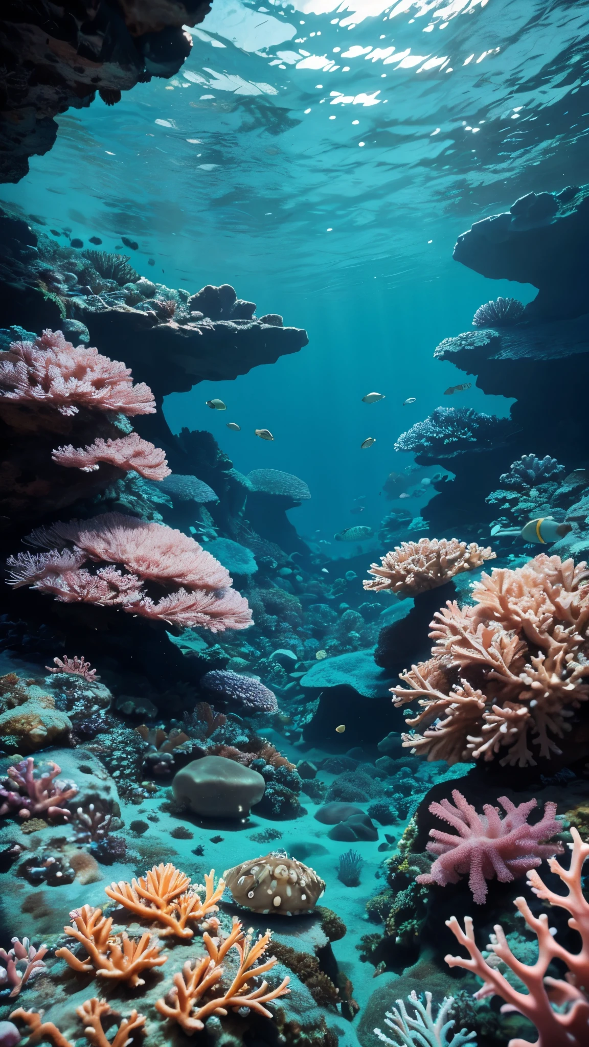 The image shows underwater beauty with gun crabs hiding among the coral and rocks, while the light they emit beautifies the stunning sea view. 