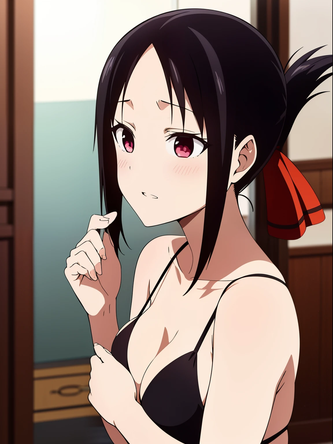 Kaguya shinomiya, vestindo um biquini, in bikini, de costas para o espectador, peitos grandes, bunda grande