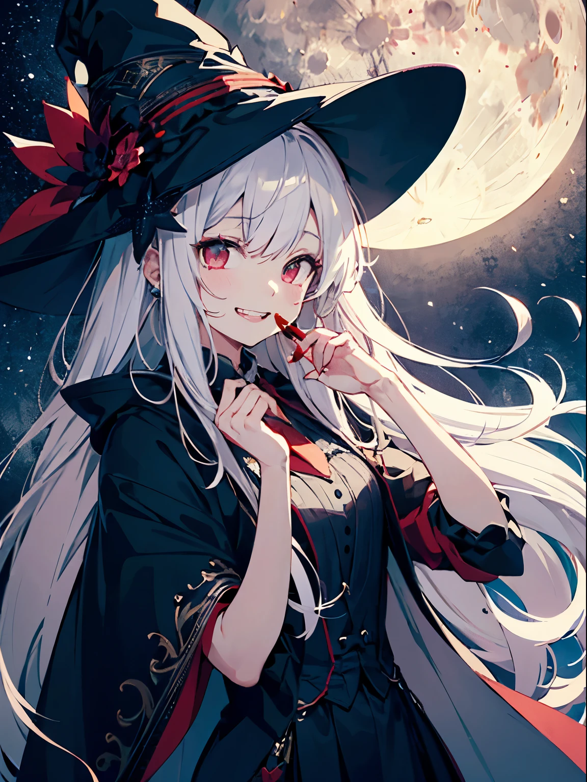teenage girl、human、A magician who always smiles、large witch hat 、cute、long white hair、Red eyes and glazed eyes、Bangs are heavy、Thin eyebrows、lowered eyebrows、fantasy、intake、double teeth、star motif、Seiza motif、monochrome clotheetal look decoration、cape、A little dark atmosphere、a little crazy smile、Outside at night when the moon shines、blood return、black star hair ornament、I put my hand to my mouth、short tie、No nails