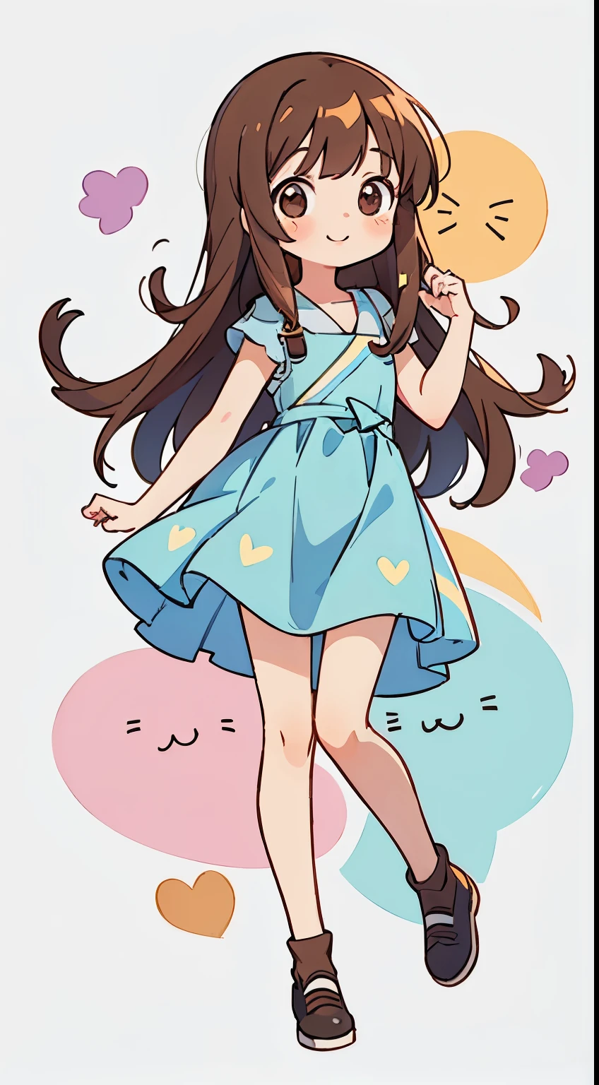 A cute girl , really long brown bang hair not short hair , and a smile , charming sketches ,Smooth and shiny background - AR 1:1 - Rainbow 5 - Expressive in style - S 50(Best Quality, masutepiece, Raw photo,Ultra-detailed:1.2) ,No background but with a few doodle at the back ,full body Esbian